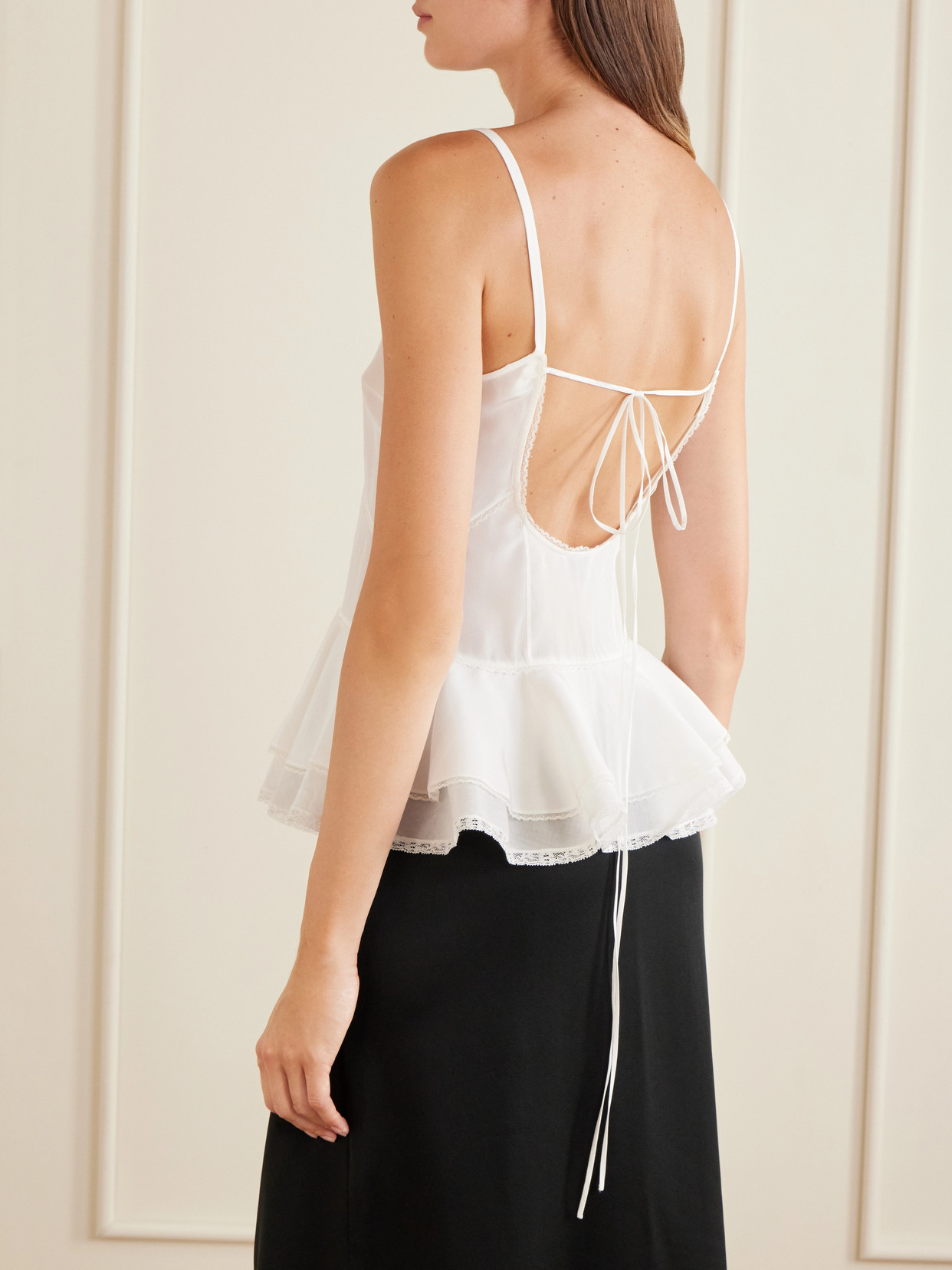 Ruffled Lace-Trimmed Silk Peplum Top