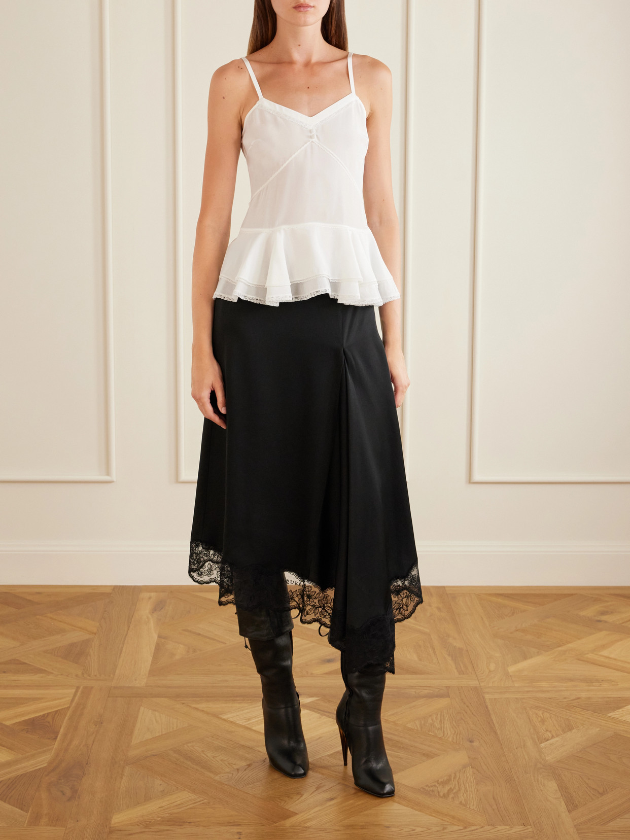 Ruffled Lace-Trimmed Silk Peplum Top