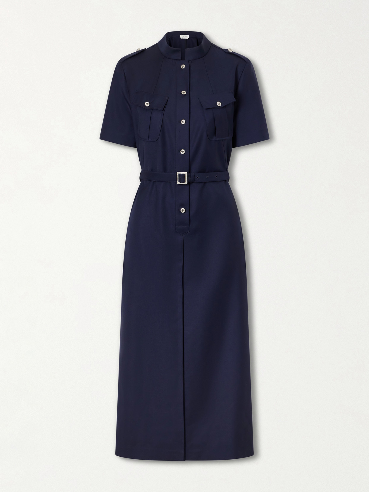 Alexander Mcqueen Police Belted Pleated Midi Dress In Blue