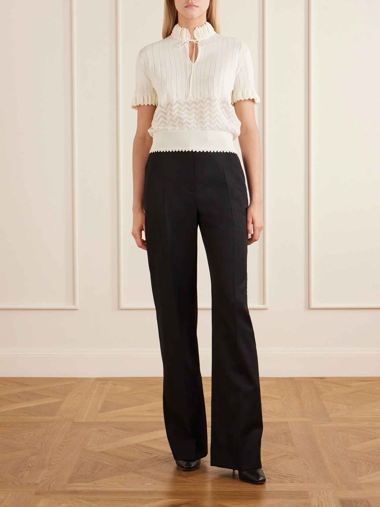 Tie-Detailed Crochet-Knit Polo