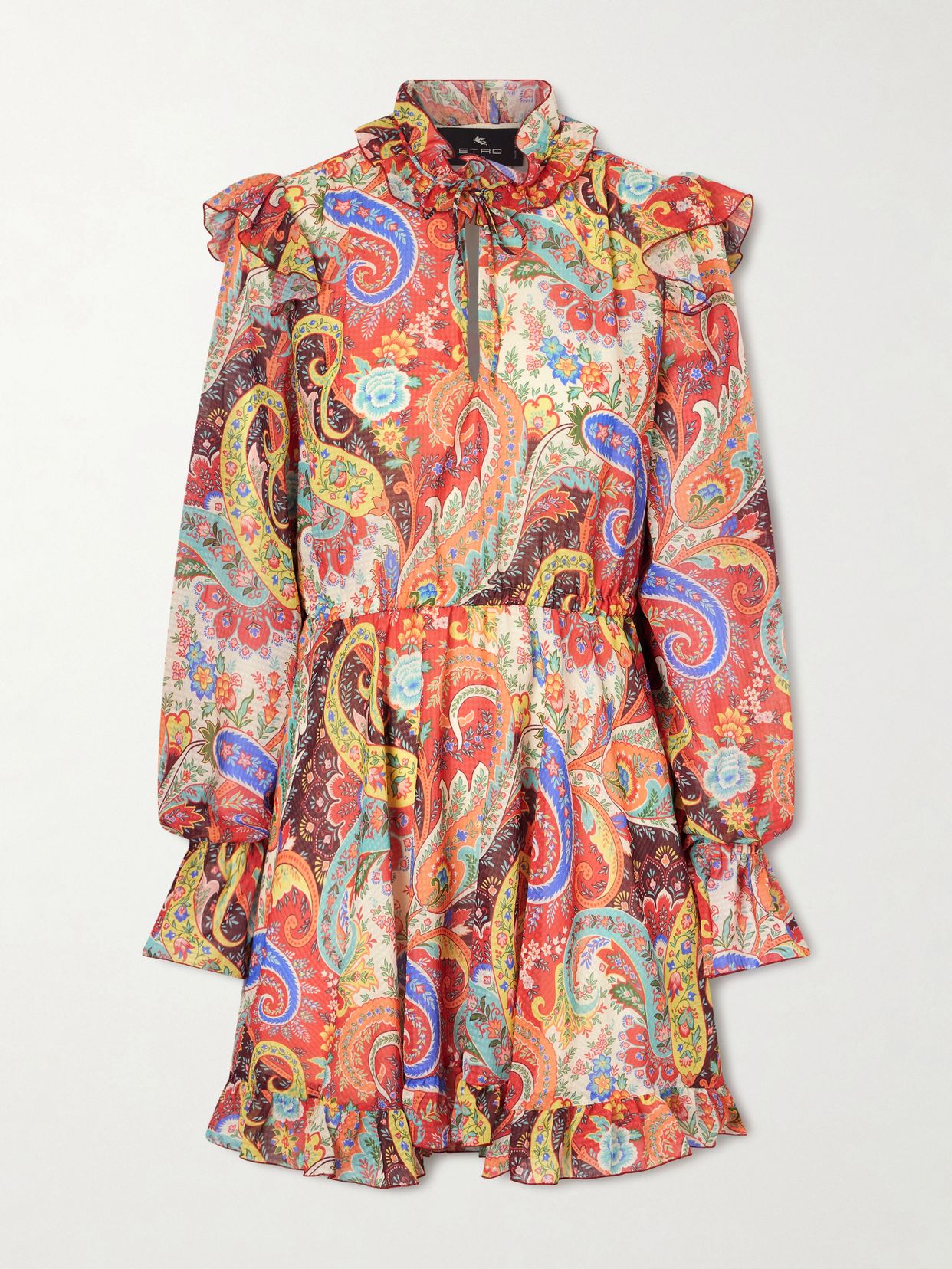 Ruffled paisley-print chiffon mini dress