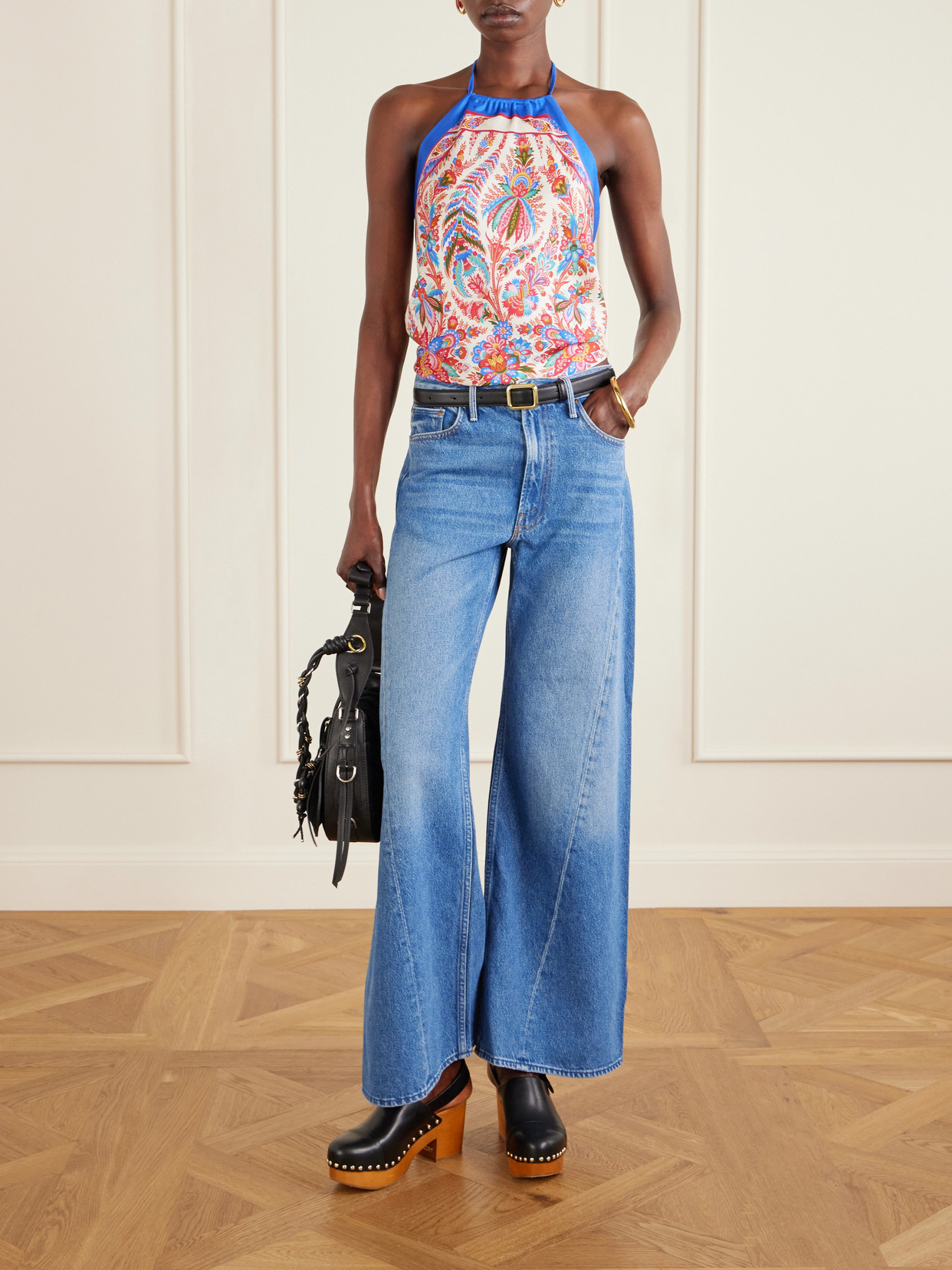 Cropped Printed Silk-Satin Halterneck Top