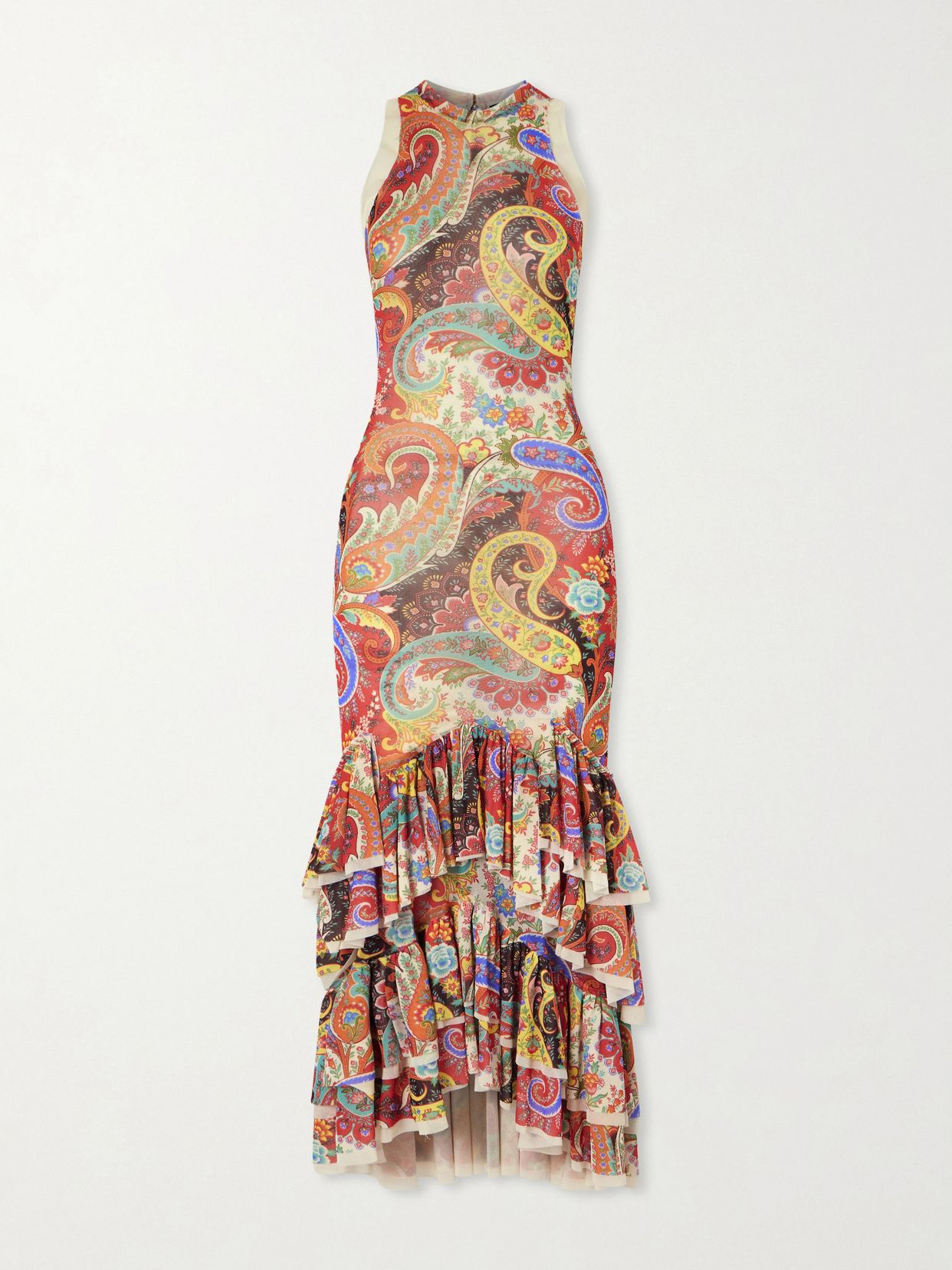 Ruffled paisley-print chiffon midi dress