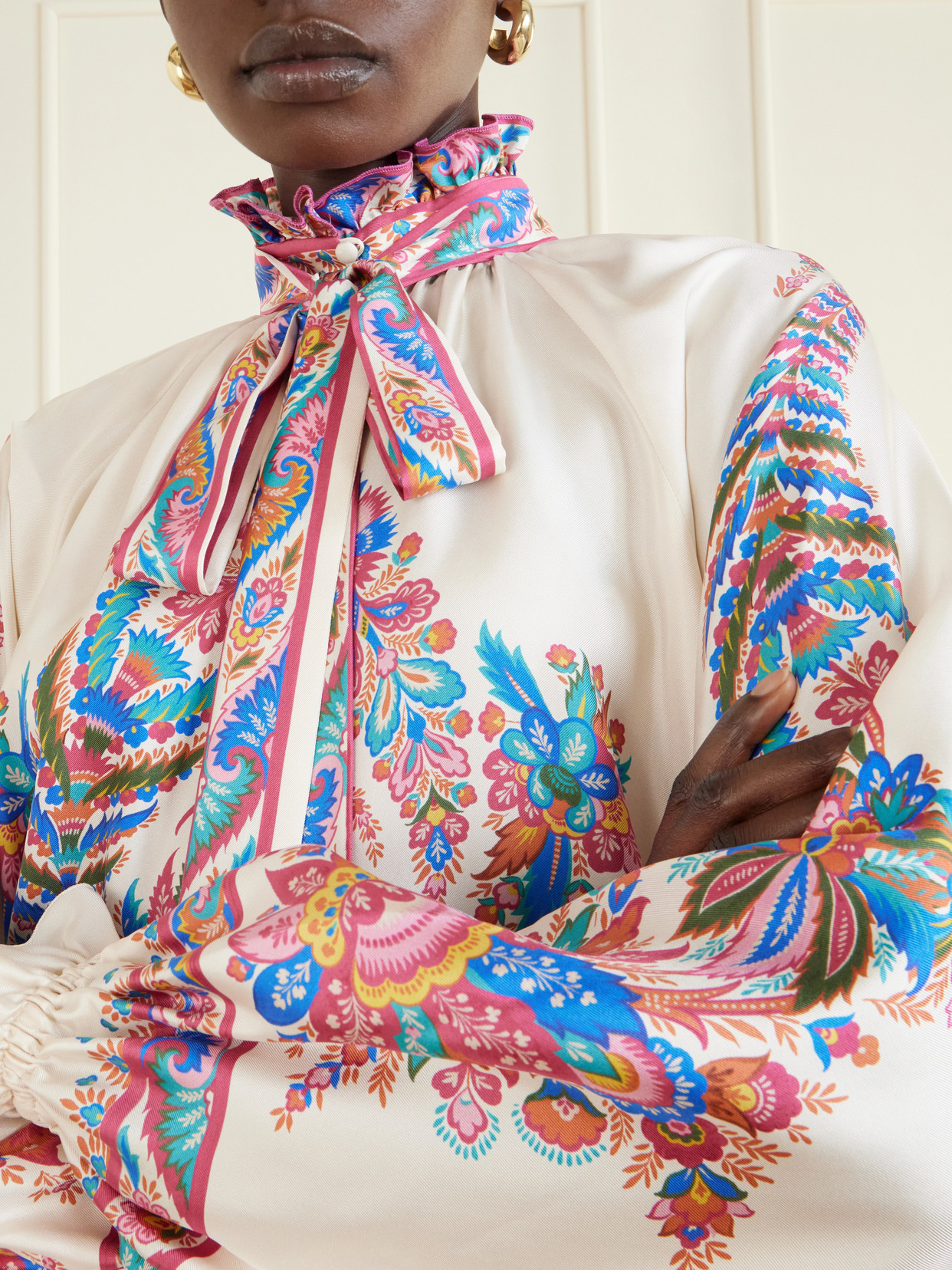 Pussy-Bow Paisley-Print Blouse