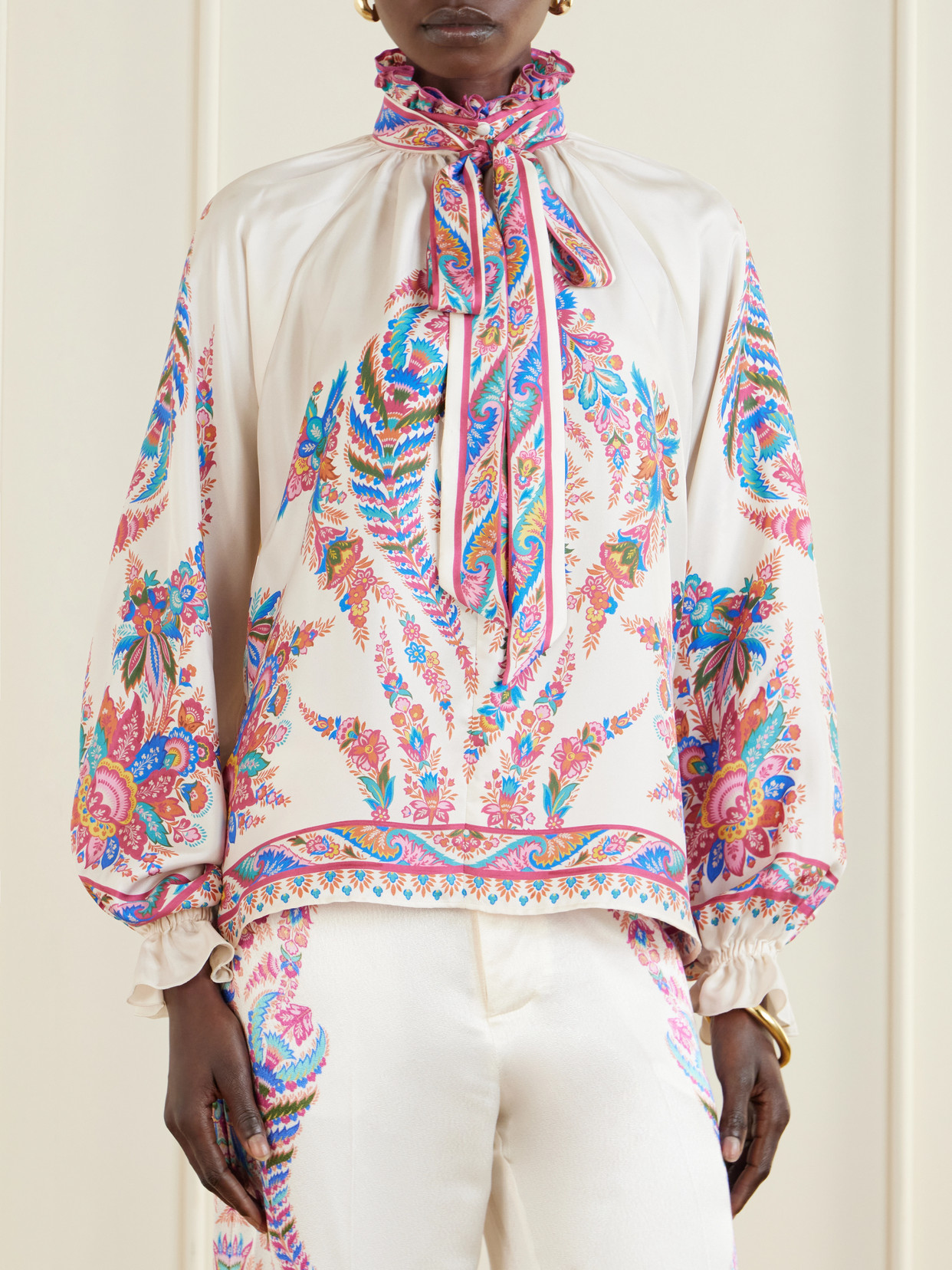 Pussy-Bow Paisley-Print Blouse