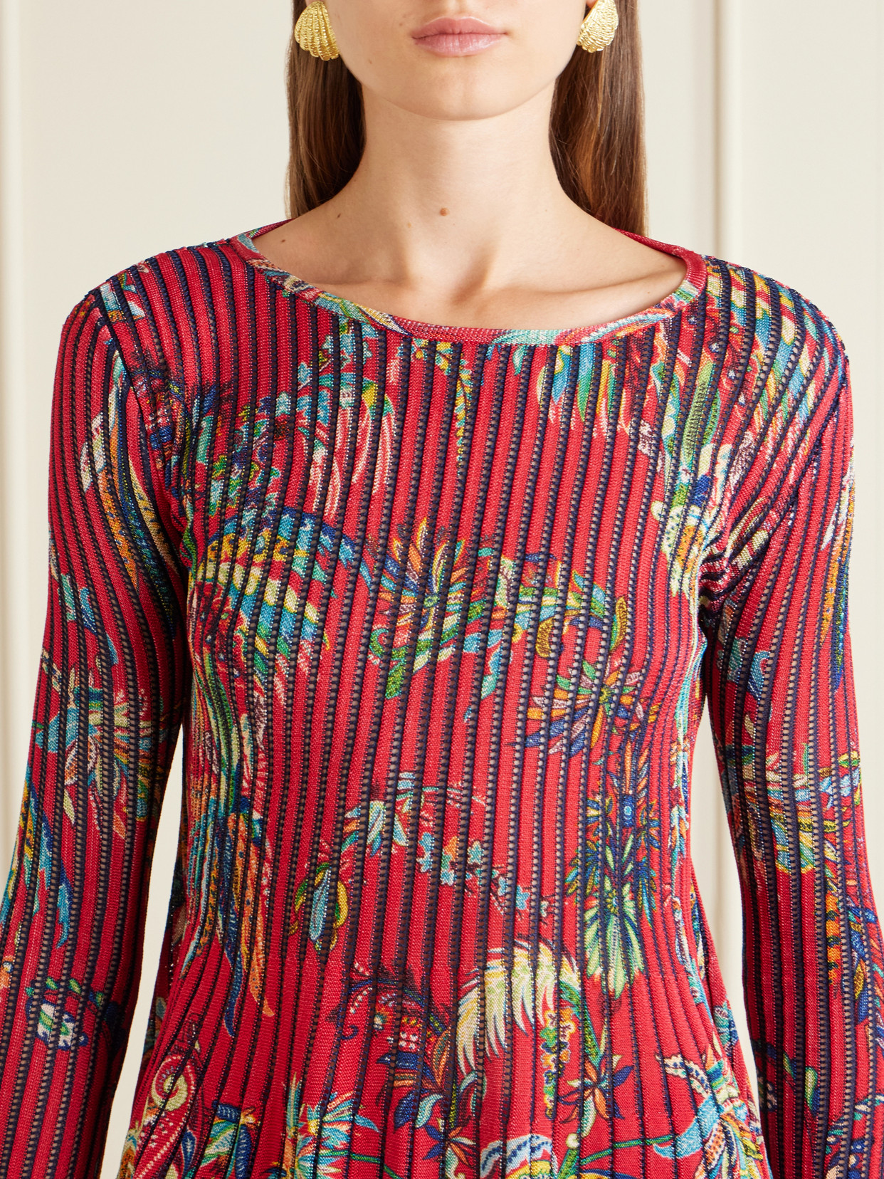 Floral-Print Open-Knit Blouse
