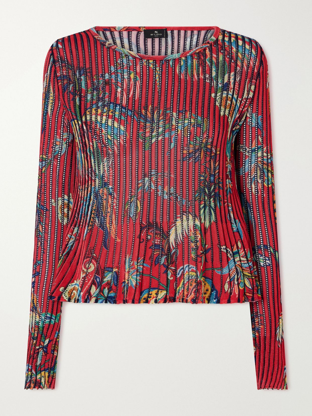 floral print open knit ribbed blouse