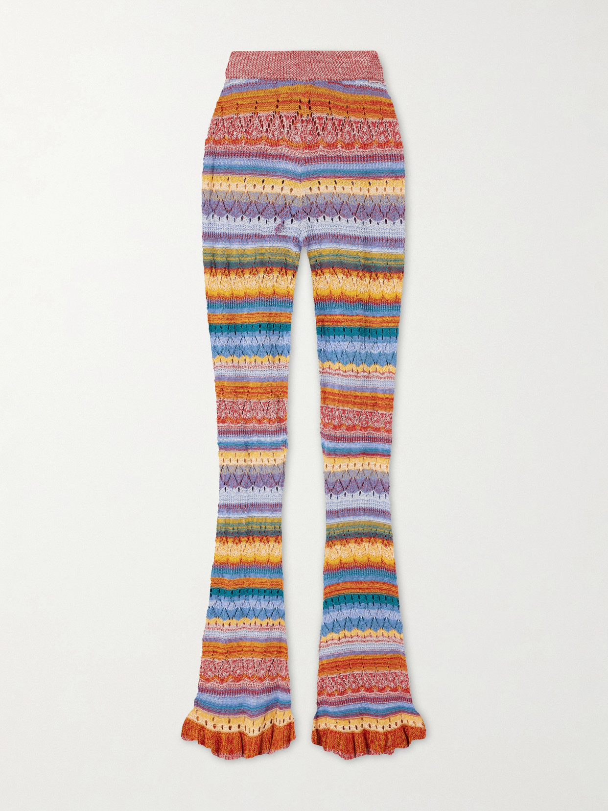 Etro Flared Knit Cotton Trousers With Stripes And Openwork In Multi