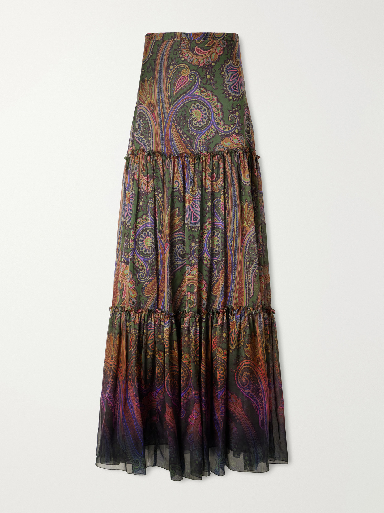 Etro Printed Ruffled Silk Maxi Skirt In Green