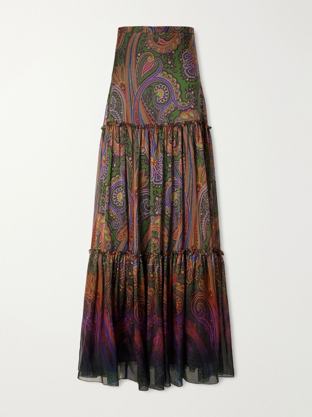 printed ruffled silk maxi skirt