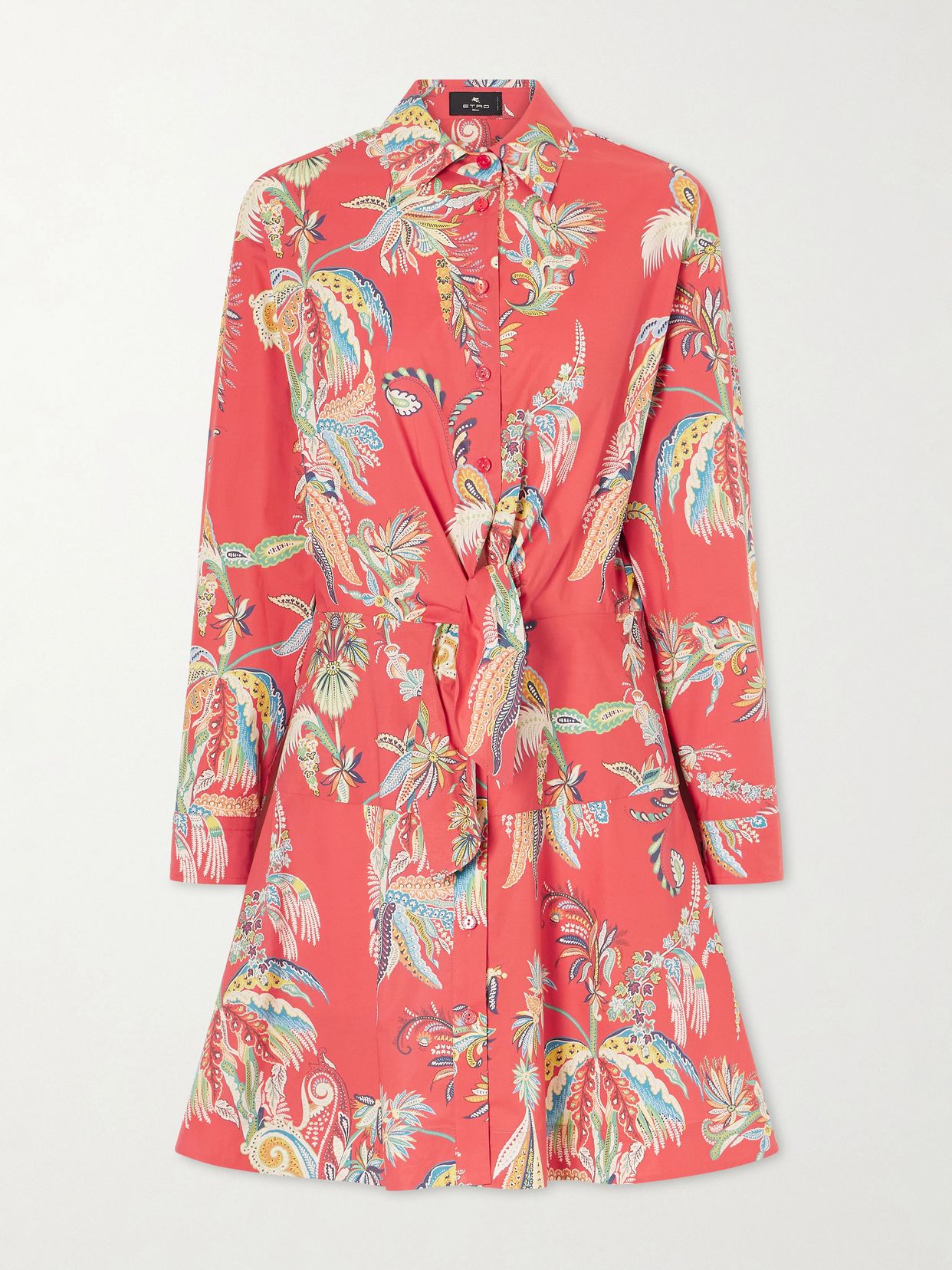 Knotted printed cotton-blend mini dress