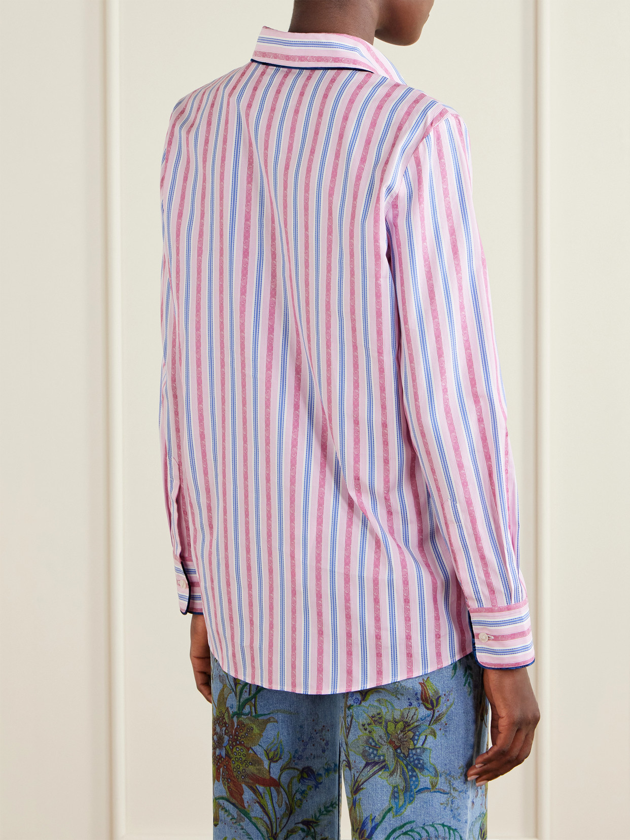 Striped Floral-Jacquard Cotton-Poplin Shirt