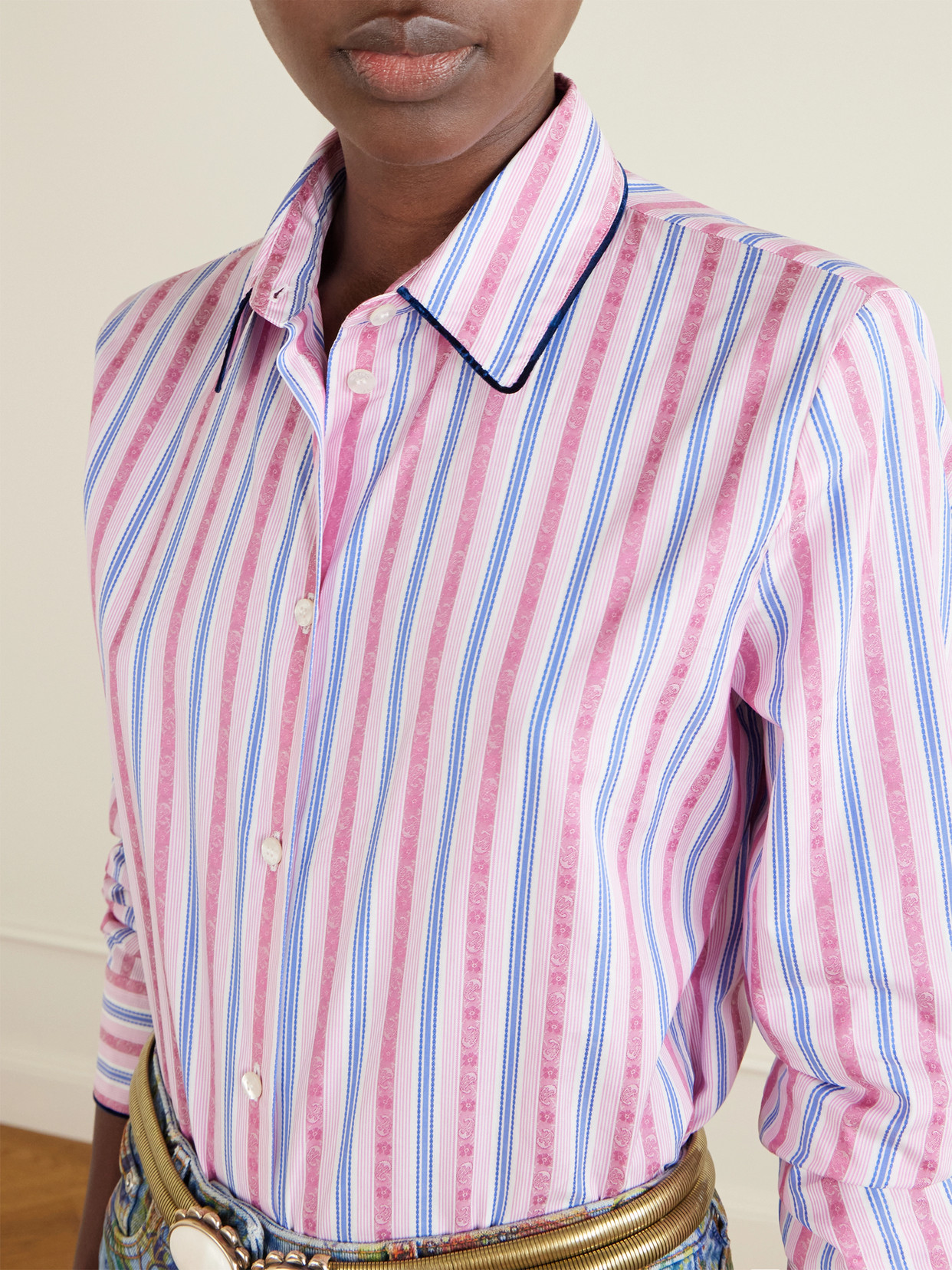 Striped Floral-Jacquard Cotton-Poplin Shirt