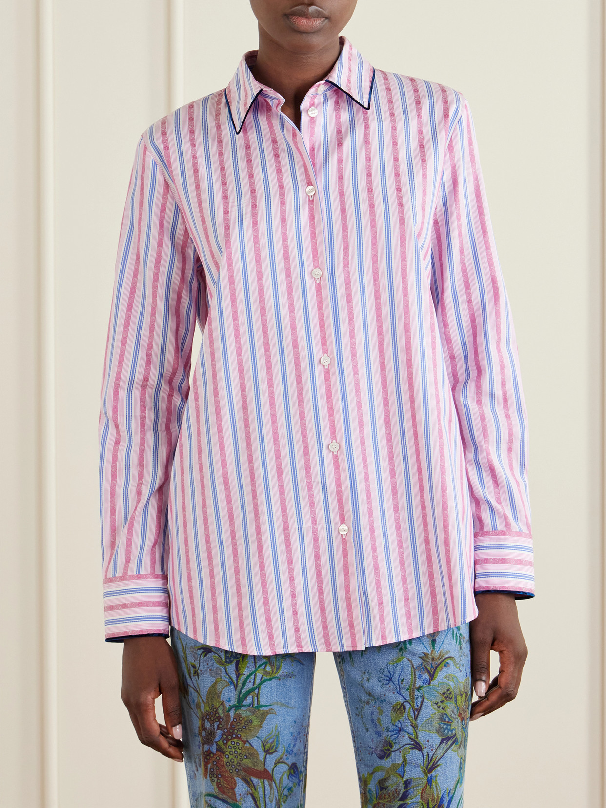 Striped Floral-Jacquard Cotton-Poplin Shirt