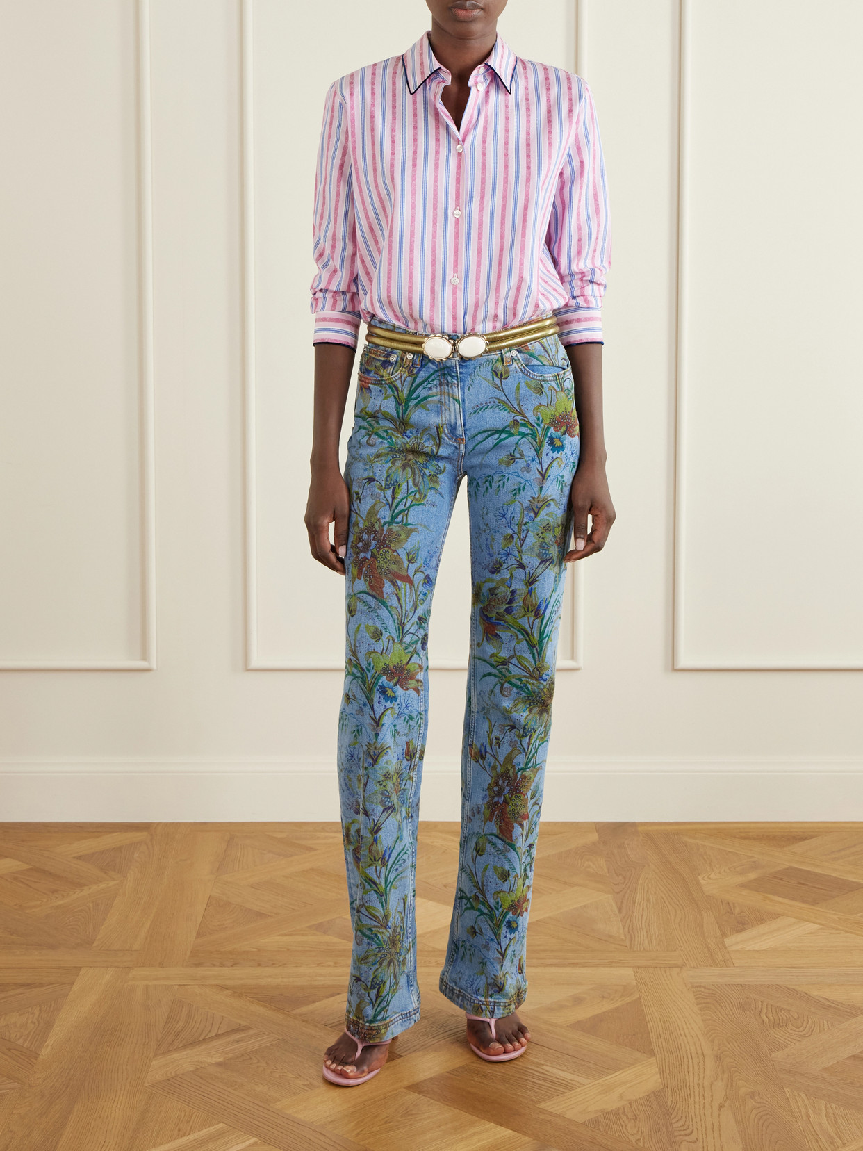 Striped Floral-Jacquard Cotton-Poplin Shirt