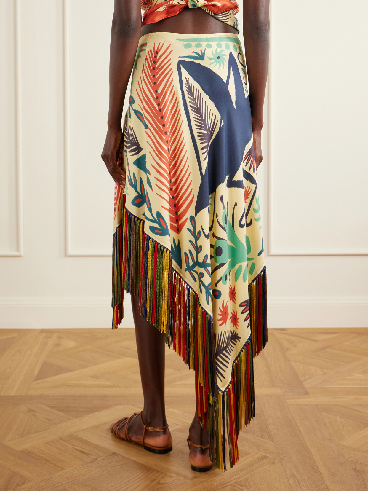 Asymmetric Fringed Printed Silk-Twill Mini