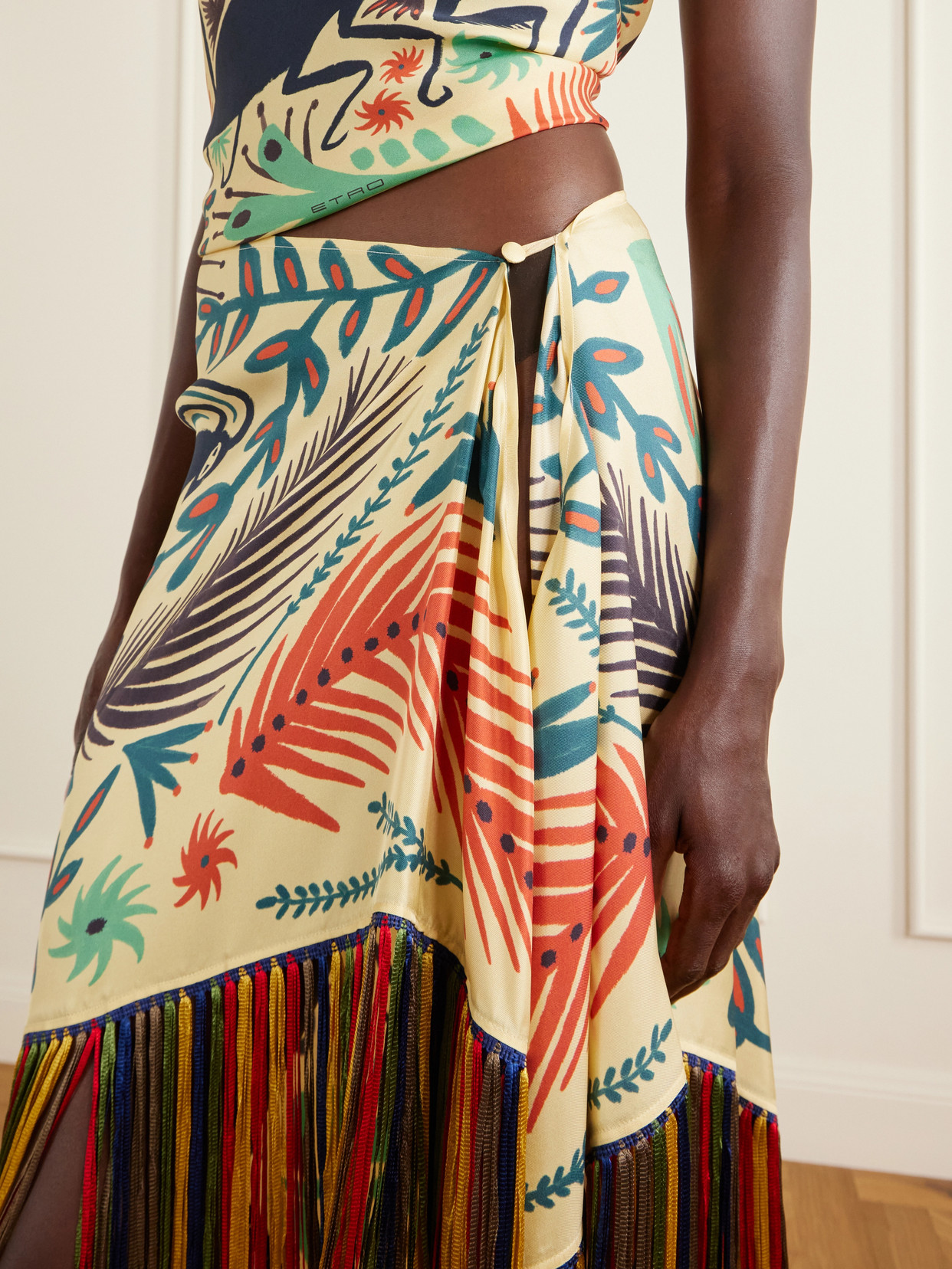 Asymmetric Fringed Printed Silk-Twill Mini