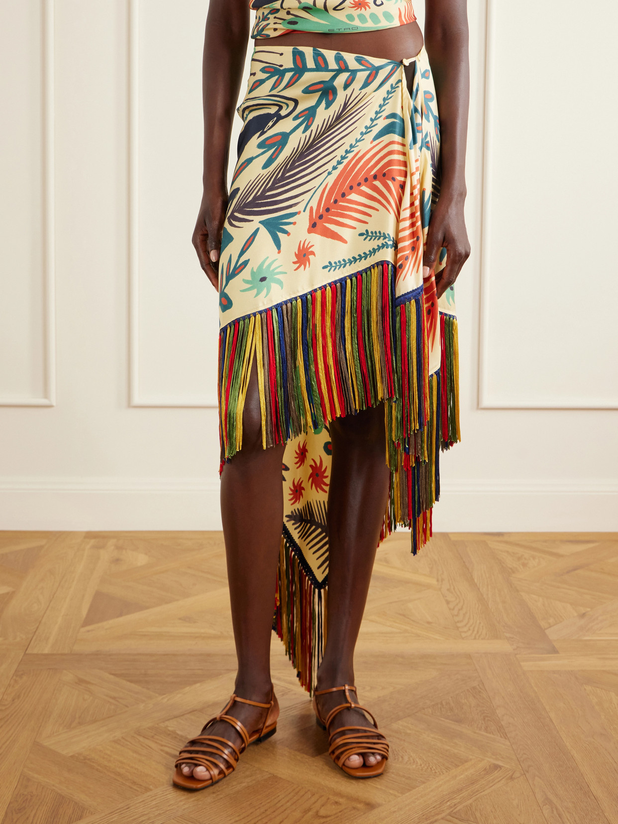 Asymmetric Fringed Printed Silk-Twill Mini