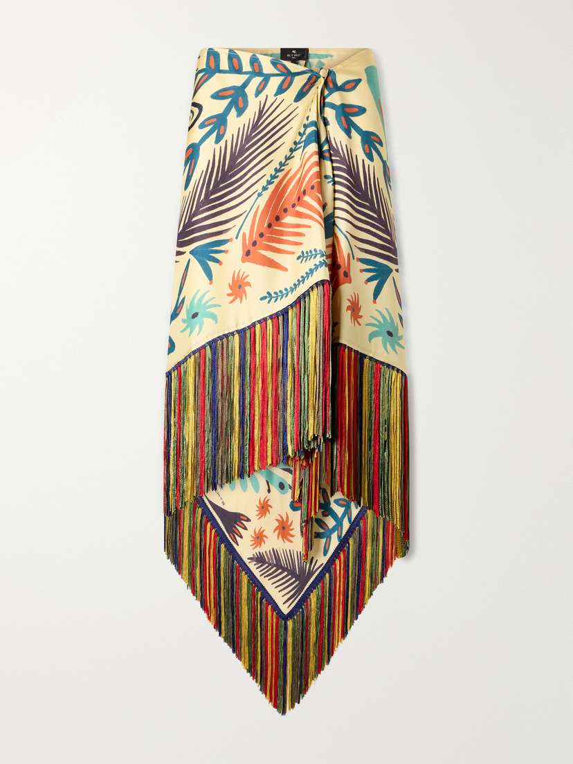 Etro Asymmetric Fringed Printed Silk-twill Mini Skirt