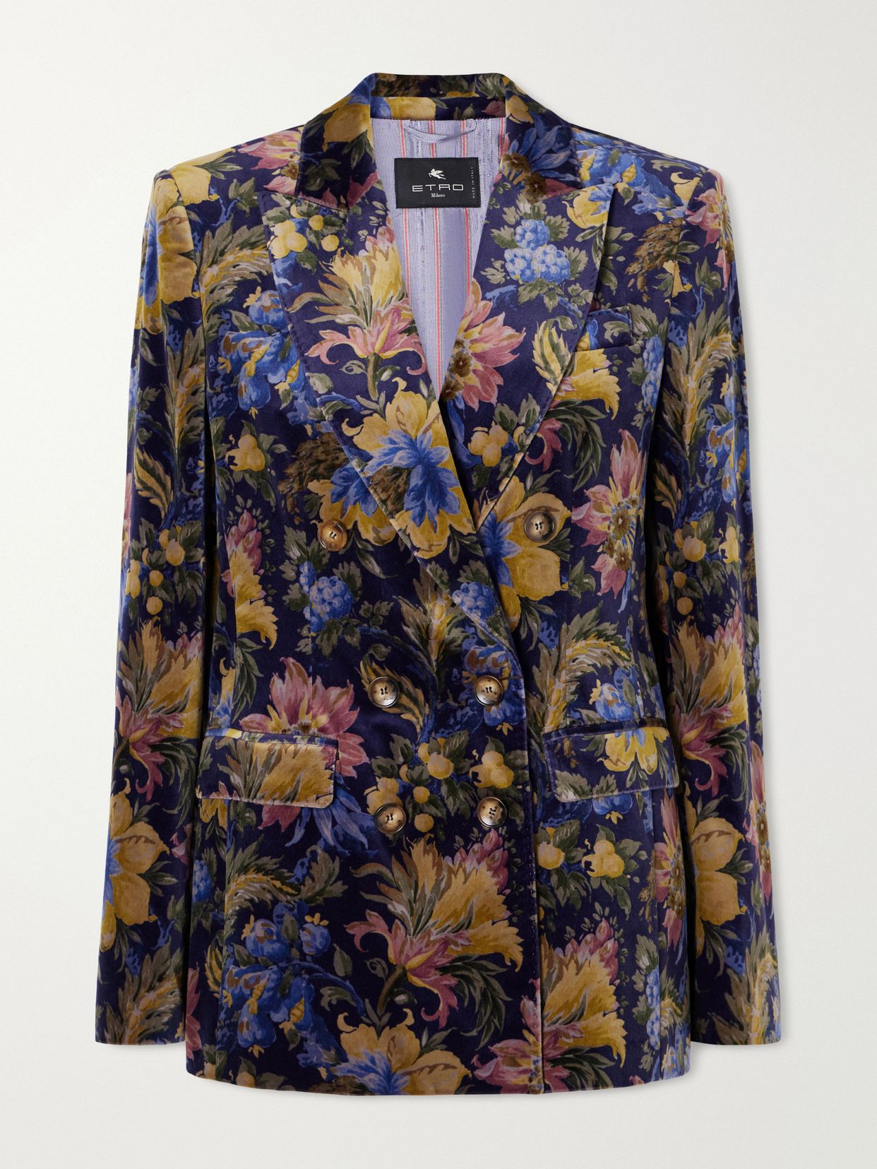 double breasted floral print stretch cotton velvet blazer