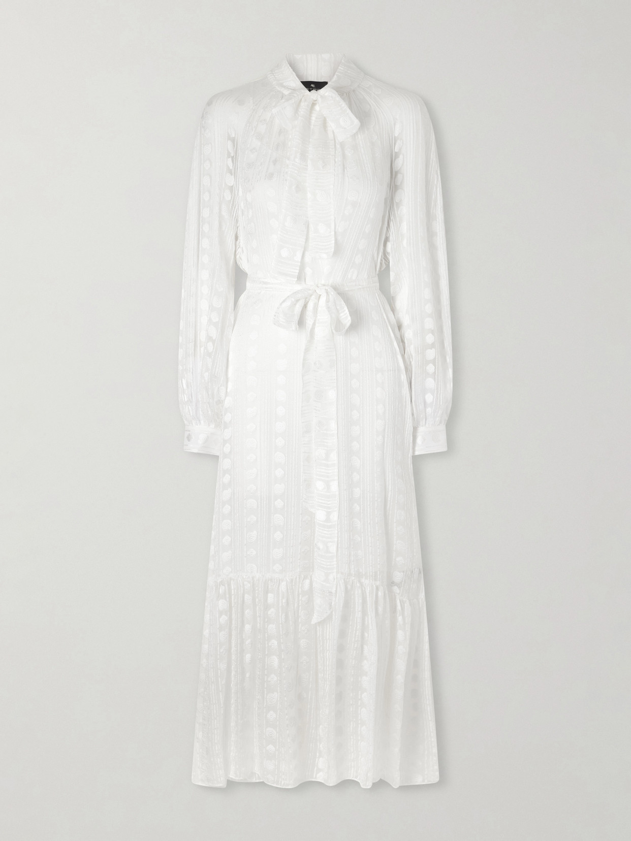 Etro Pussy-bow Belted Tiered Jacquard Silk-chiffon Midi Dress In White