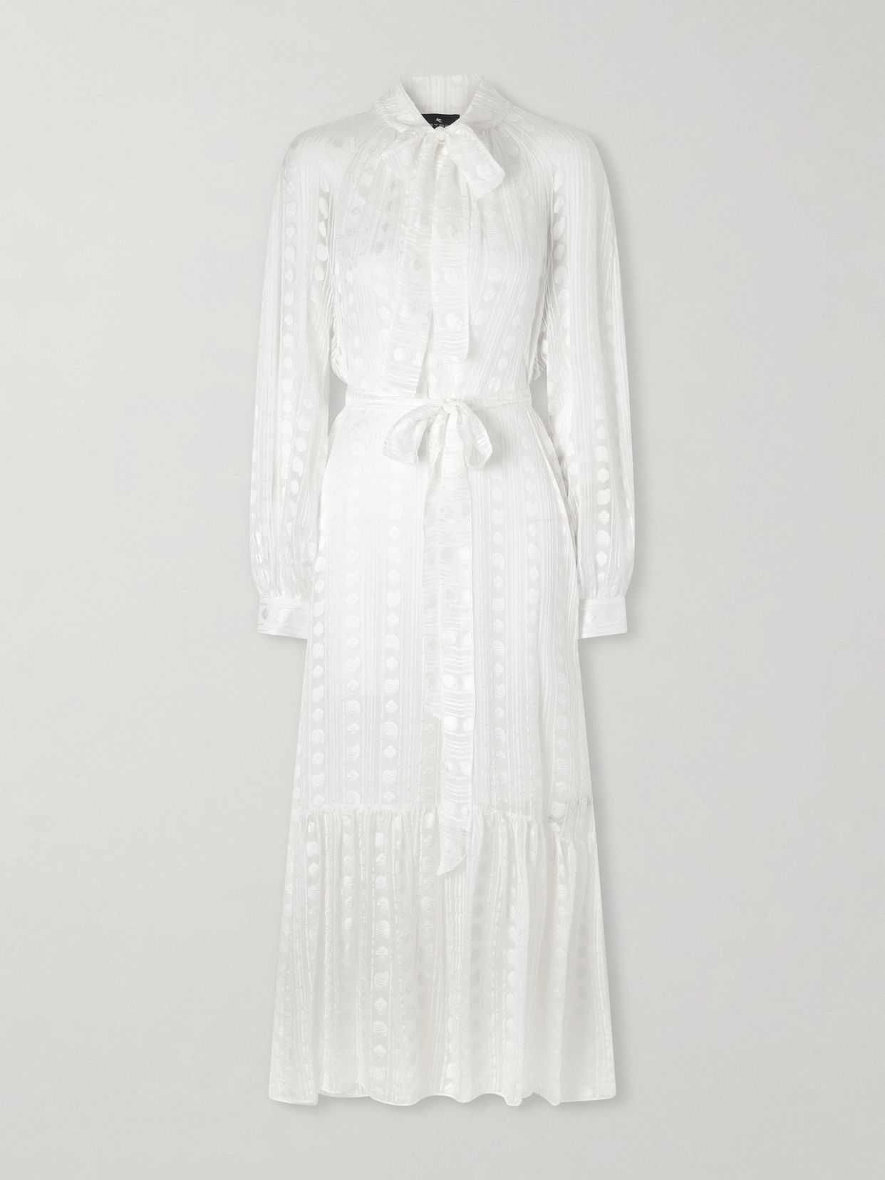 Pussy-bow belted tiered jacquard silk-chiffon midi dress