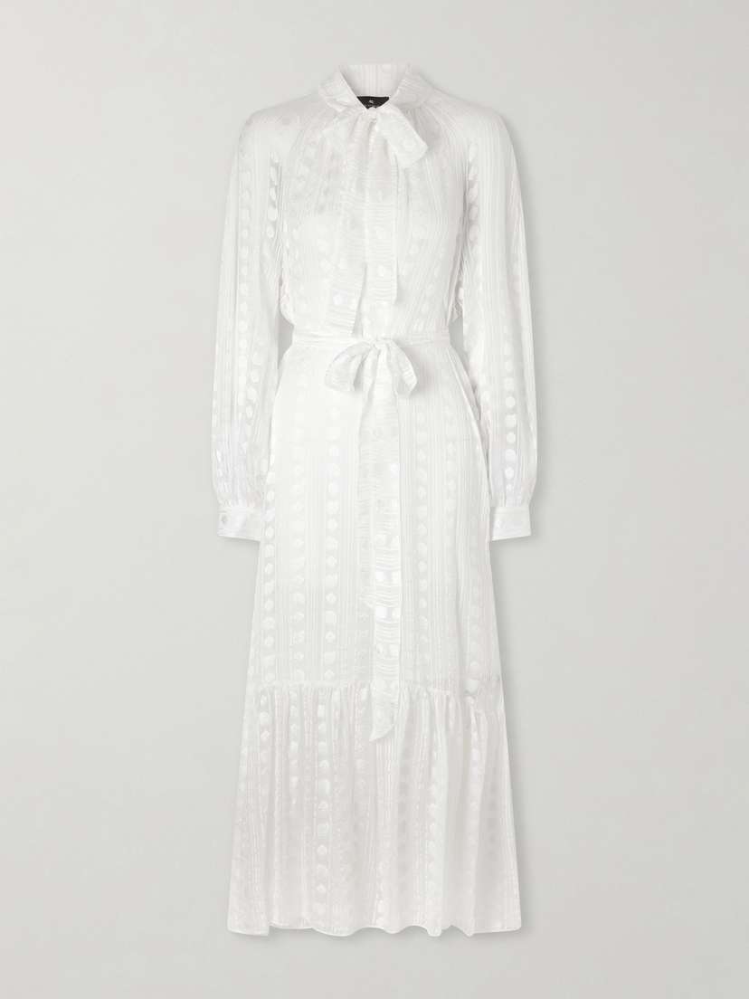 Etro Pussy-bow Belted Tiered Jacquard Silk-chiffon Midi Dress