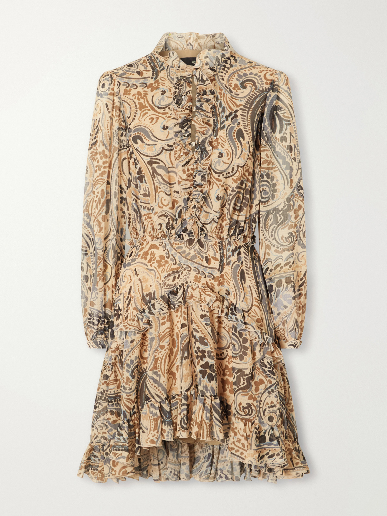 Etro Tiered Ruffled Paisley-print Chiffon Mini Dress In Neutral