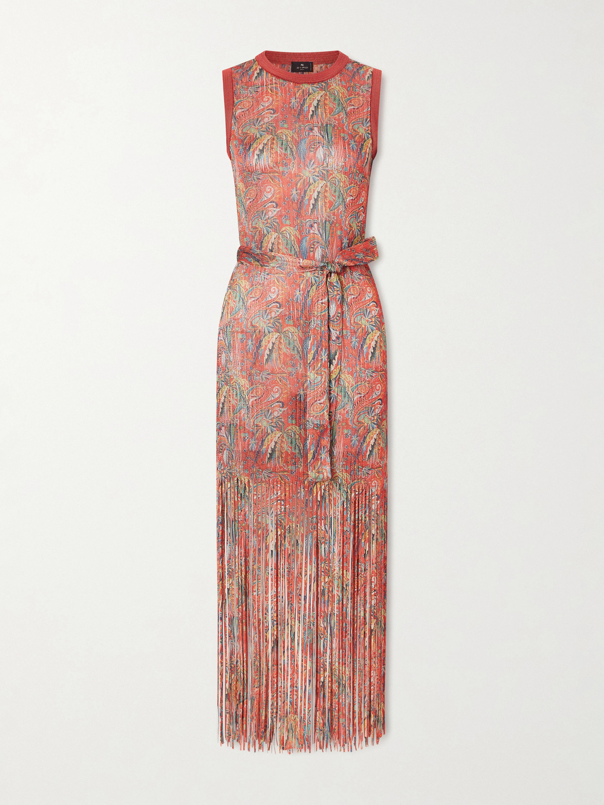 Etro Belted Fringed Jacquard-knit Midi Dress In Black