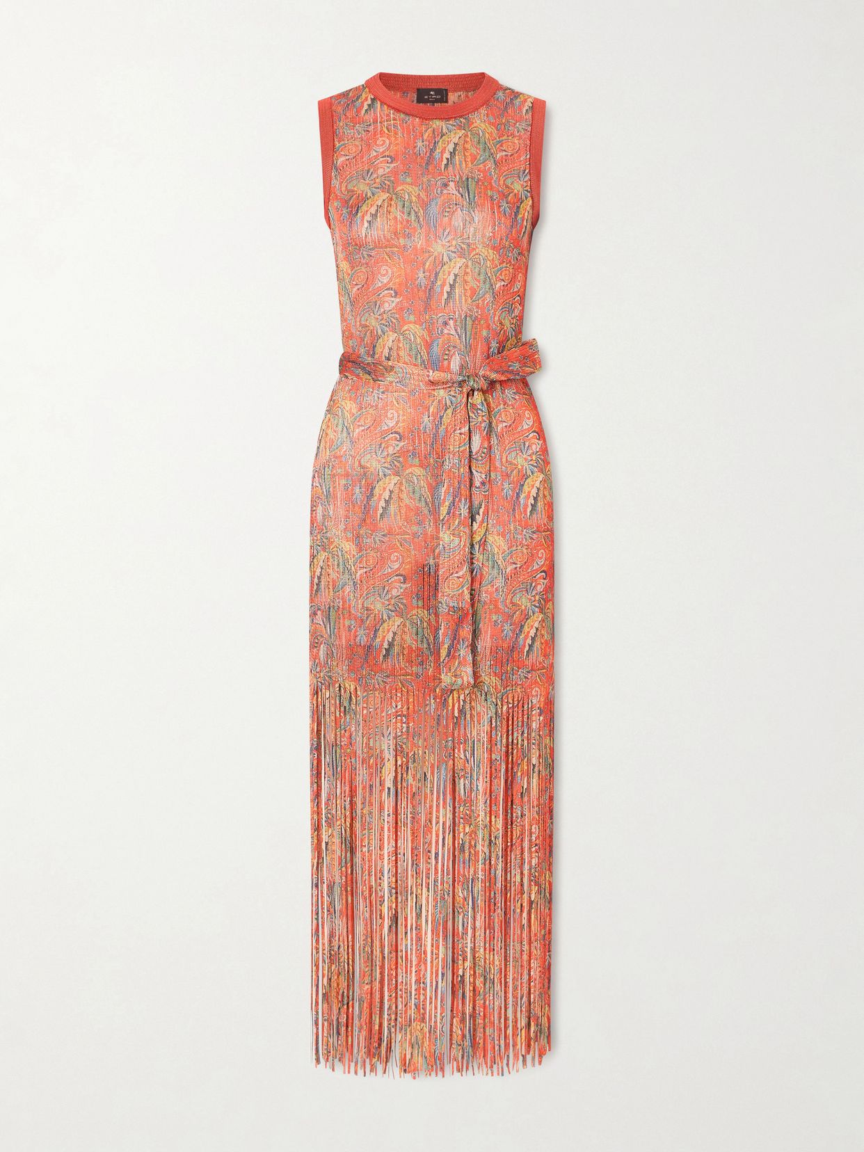 Belted fringed jacquard-knit midi dress