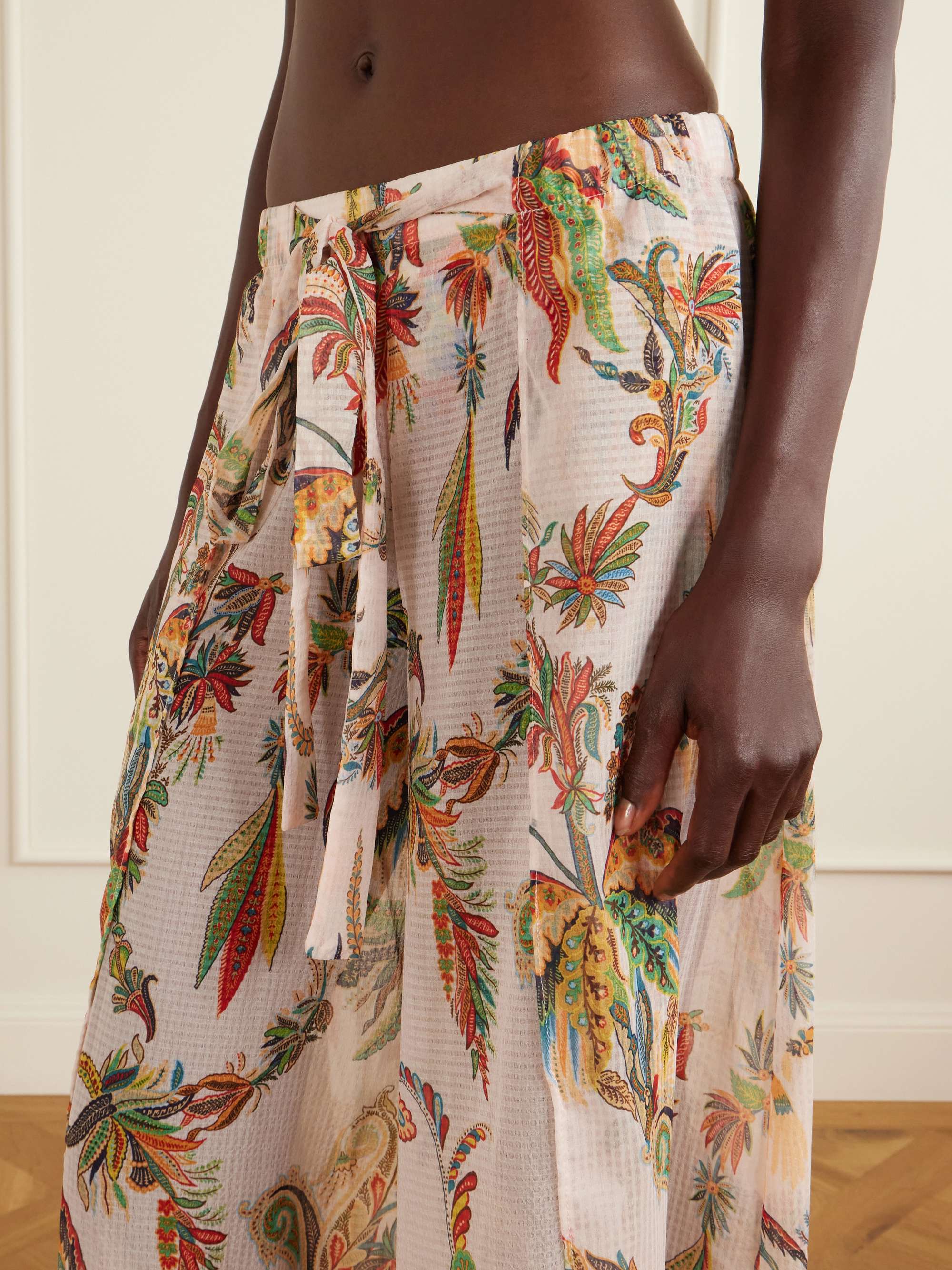 Etro(エトロ) ボタニカルシルク100% リラックスパンツ ETRO Belted tiered paisley and floral-print satin wide-leg pants