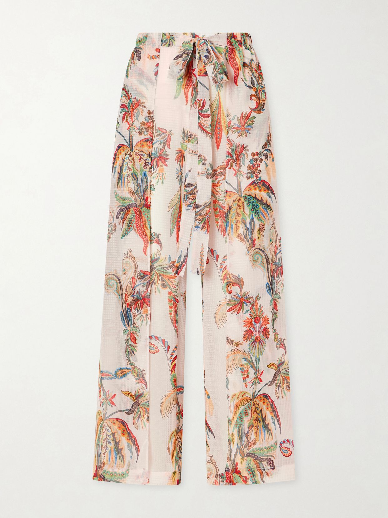 belted tiered paisley and floral print satin wide leg pants