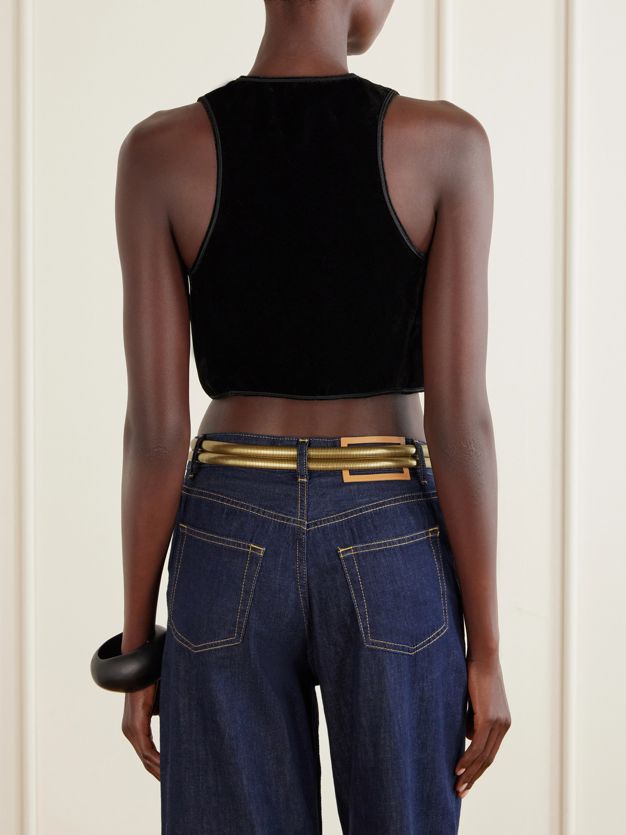 Bead-Embellished Cropped Velvet Vest