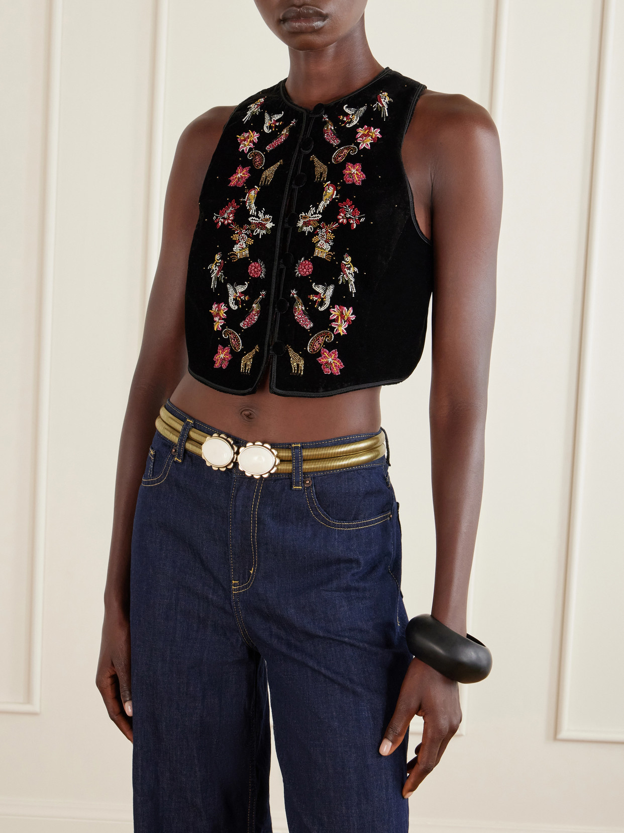 Bead-Embellished Cropped Velvet Vest