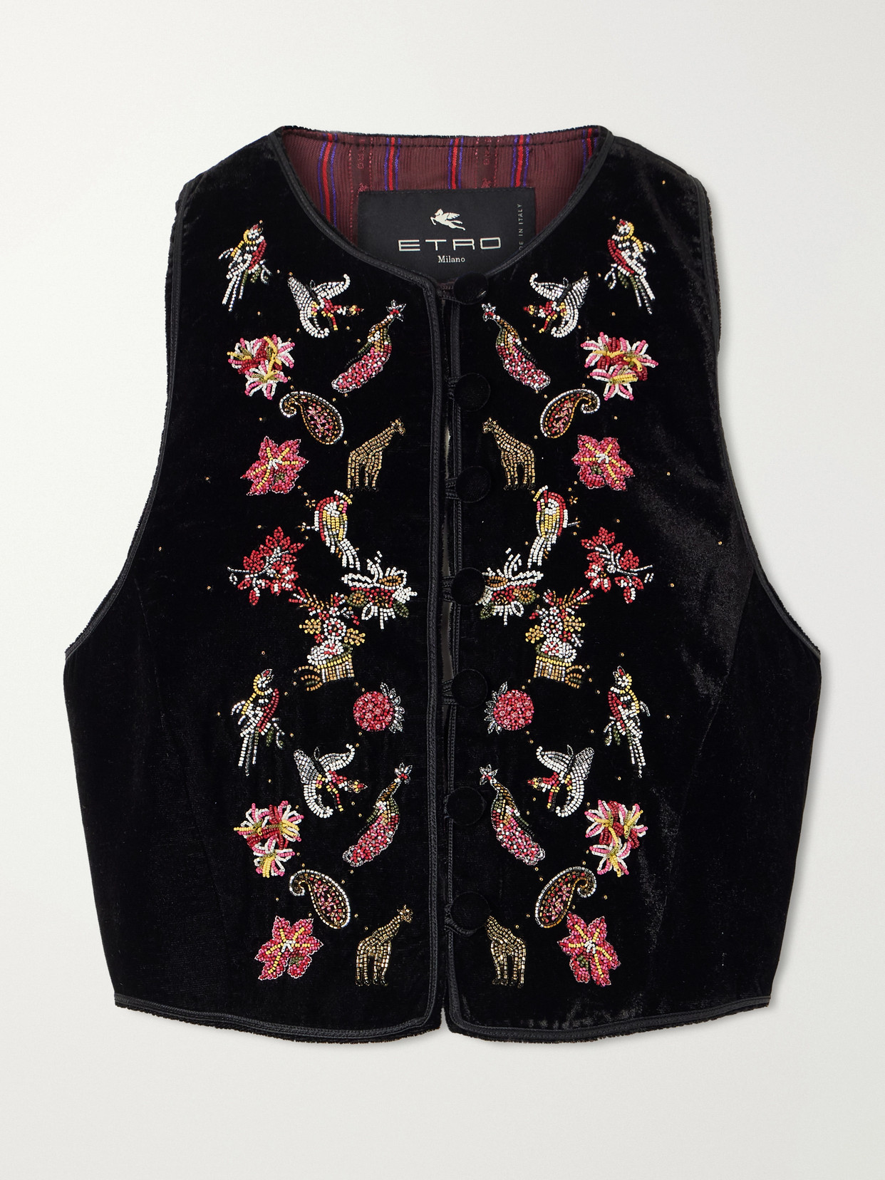 Etro Bead-embellished Cropped Velvet Vest In Black