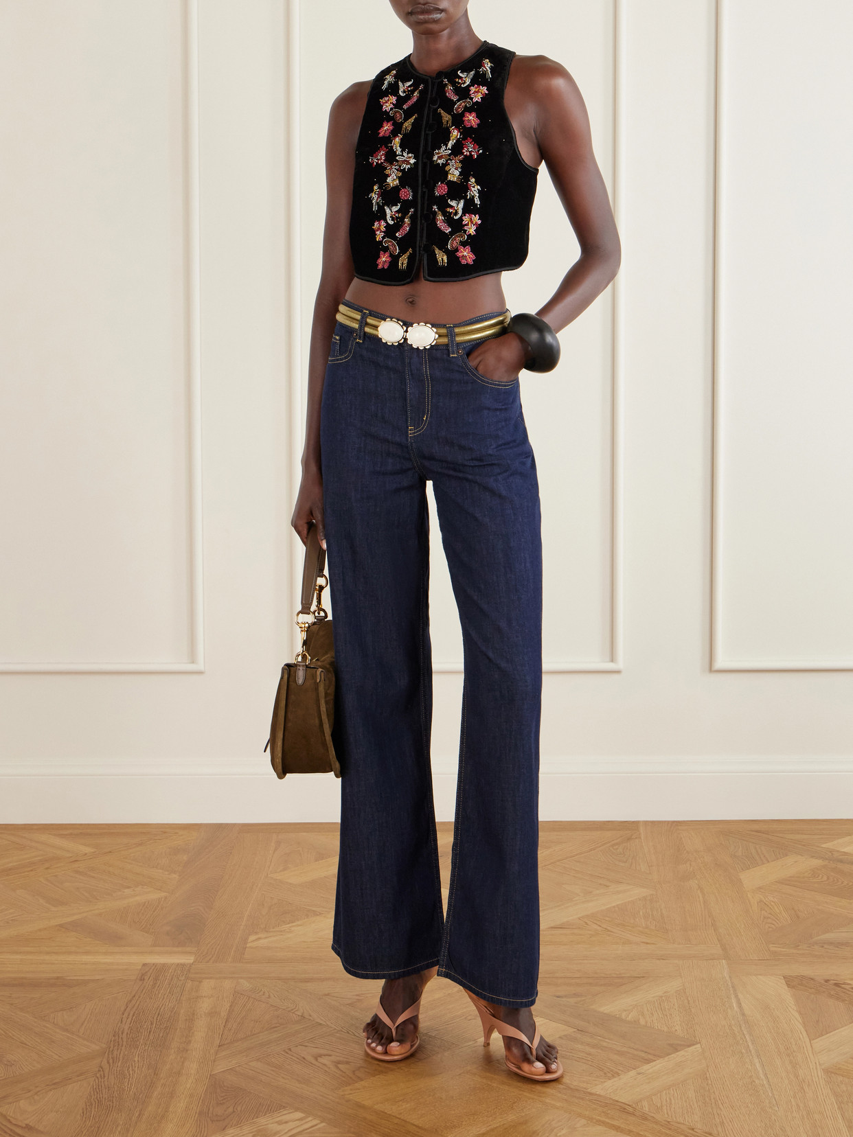 Bead-Embellished Cropped Velvet Vest