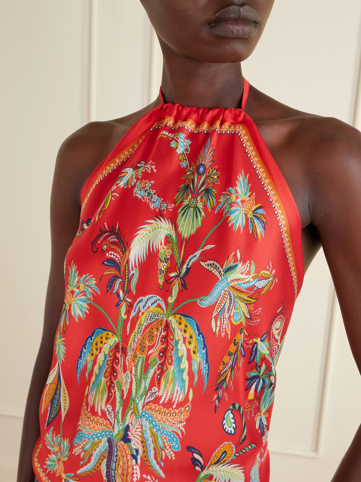 Etro Silk Top With Halterneck And Paisley Foliage Motif In Red