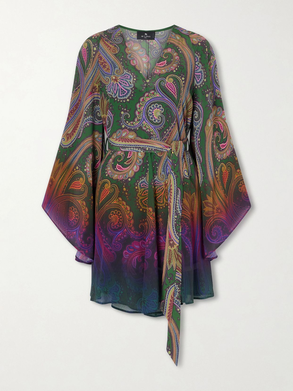 Belted paisley-printed jersey mini dress