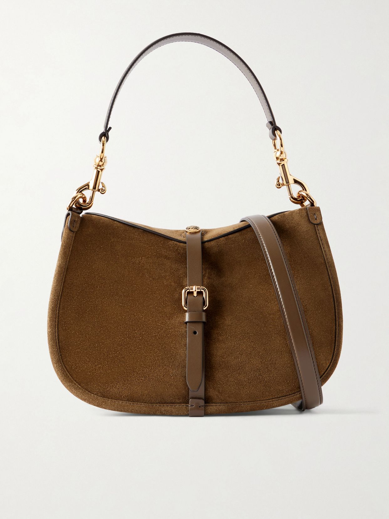 logo detailed leather trimmed suede shoulder bag