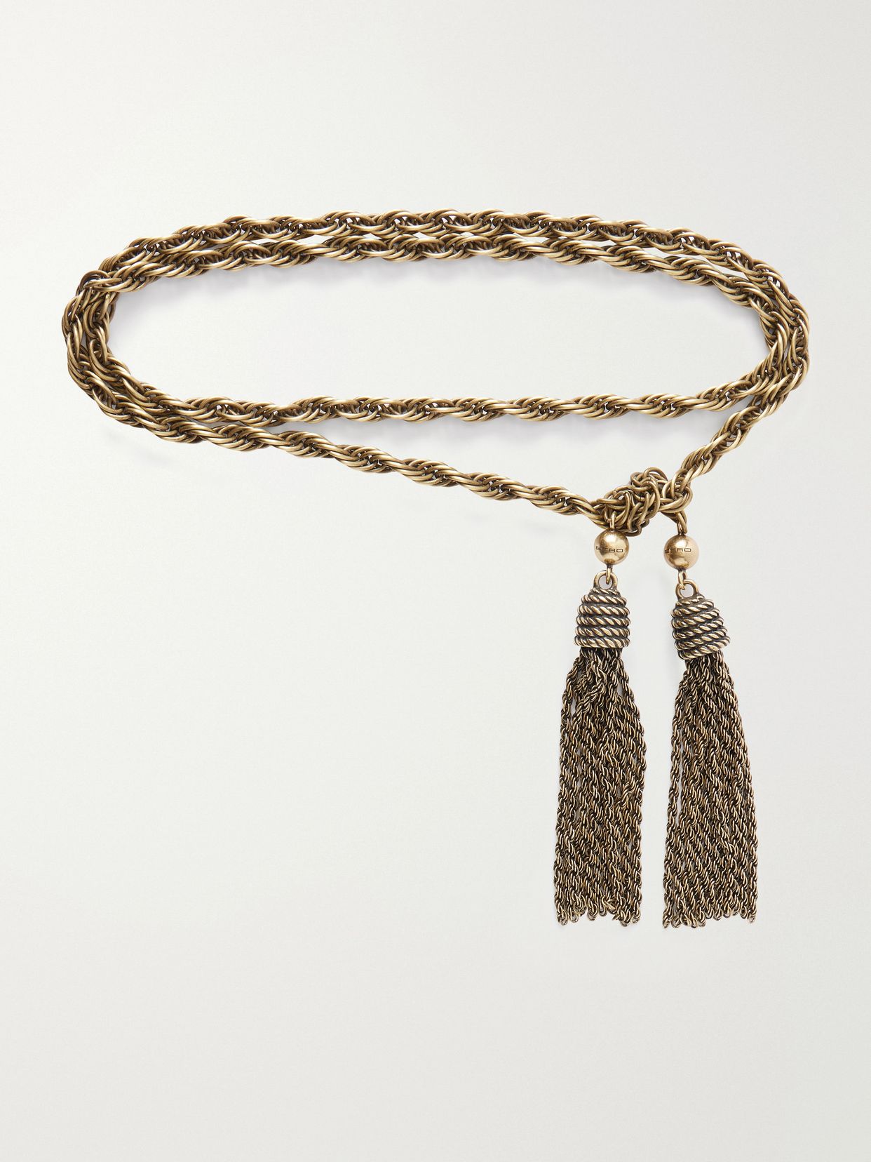 tasseled gold tone skinny belt