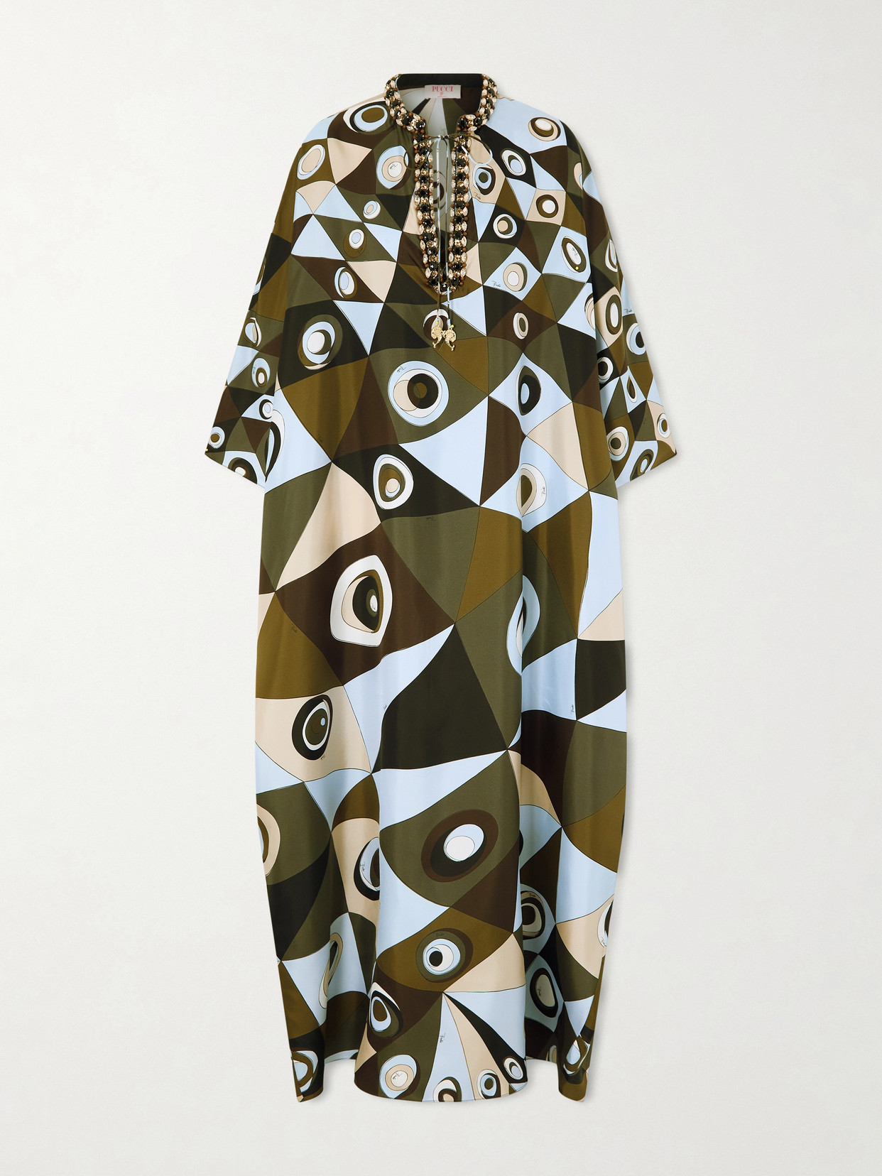Pucci Embellished Printed Silk-twill Kaftan In Green