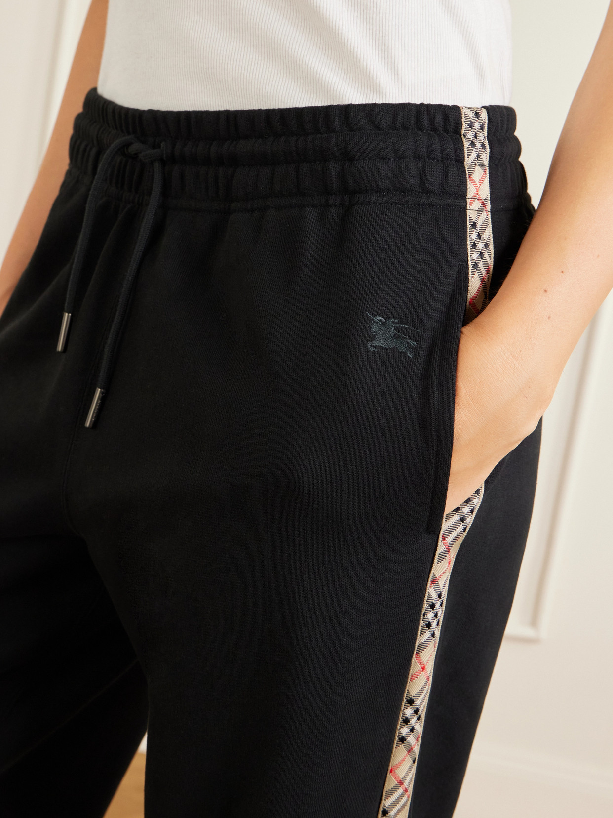 Burberry Jodie Checked Cotton-jersey Straight-leg Track Pants In Black