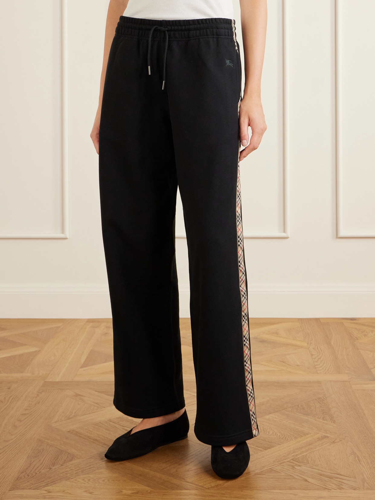 Burberry Jodie Checked Cotton-jersey Straight-leg Track Pants In Black