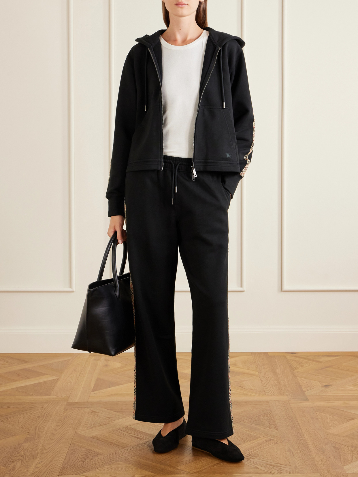 Burberry Jodie Checked Cotton-jersey Straight-leg Track Pants In Black