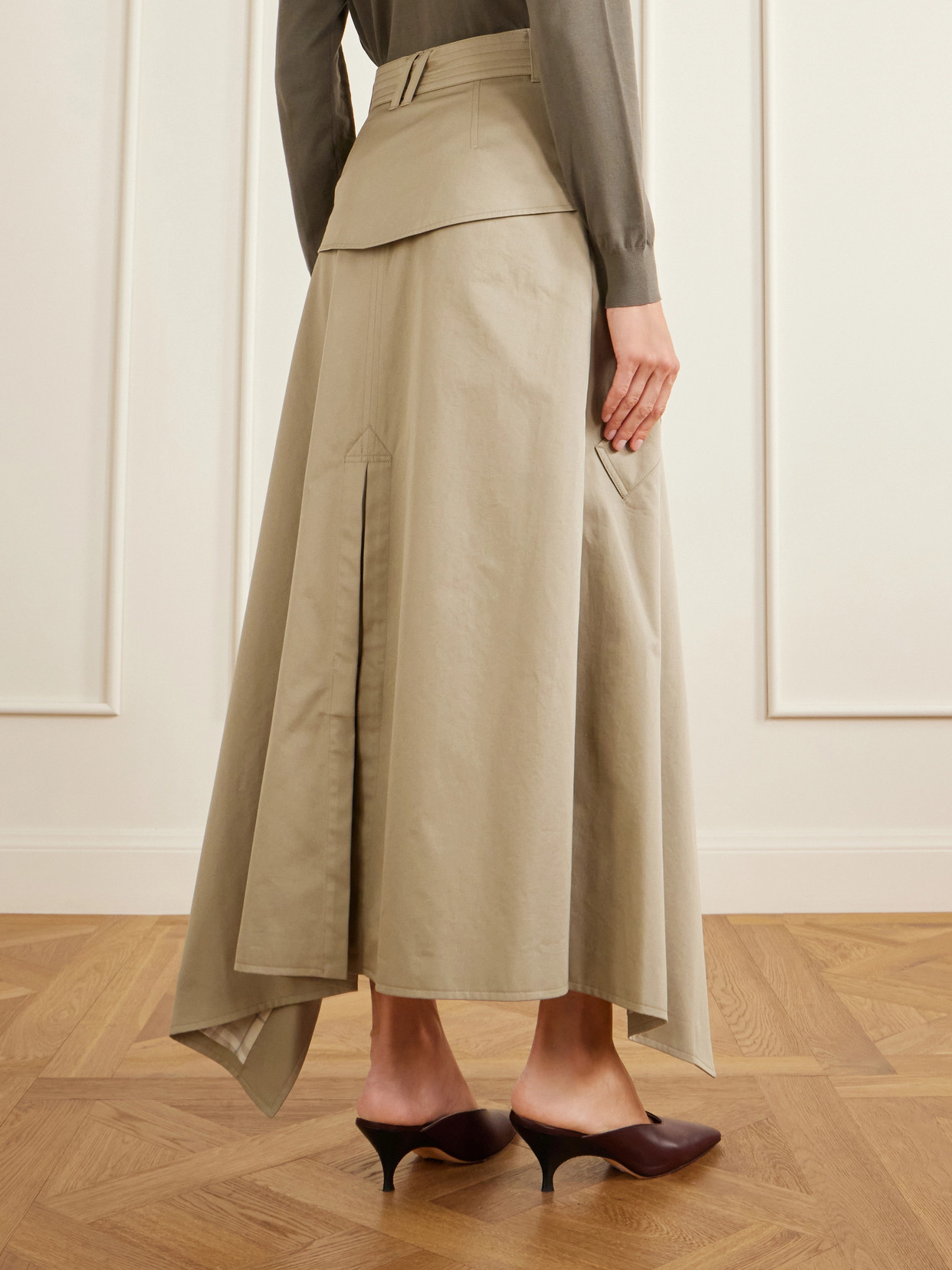 Burberry Heather Belted Asymmetric Cotton-gabardine Midi Skirt In Neutral