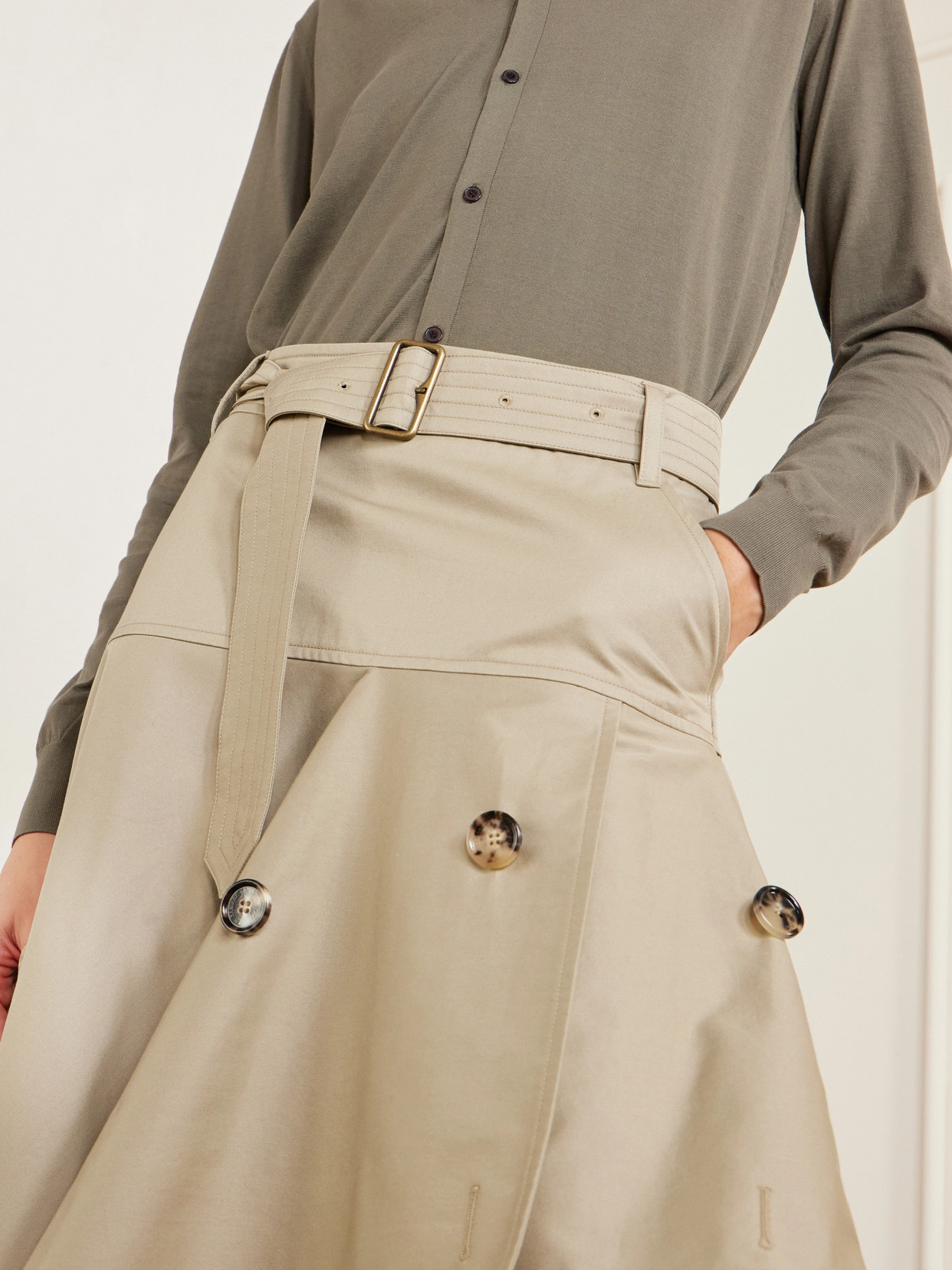 Burberry Heather Belted Asymmetric Cotton-gabardine Midi Skirt In Neutral