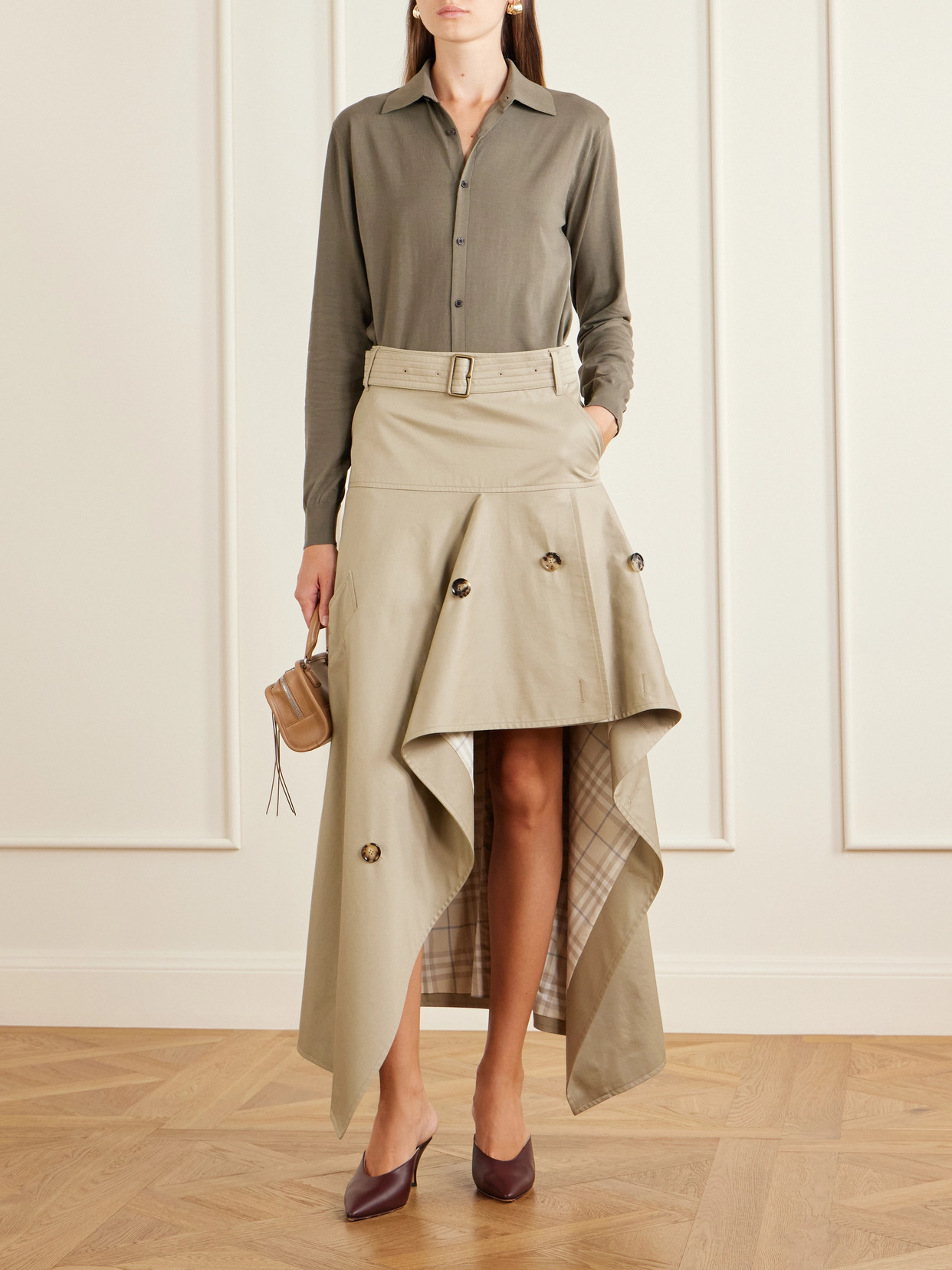 Burberry Heather Belted Asymmetric Cotton-gabardine Midi Skirt In Neutral