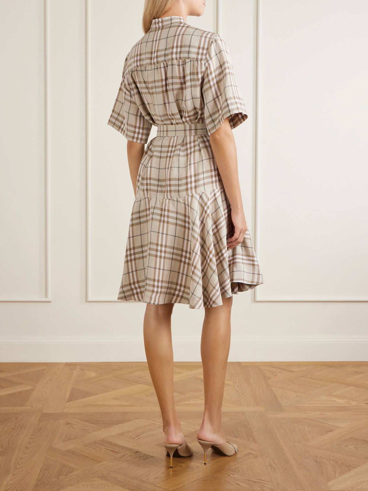 Burberry Short-sleeve Check Linen-blend Belted Mini Shirtdress In Neutrals