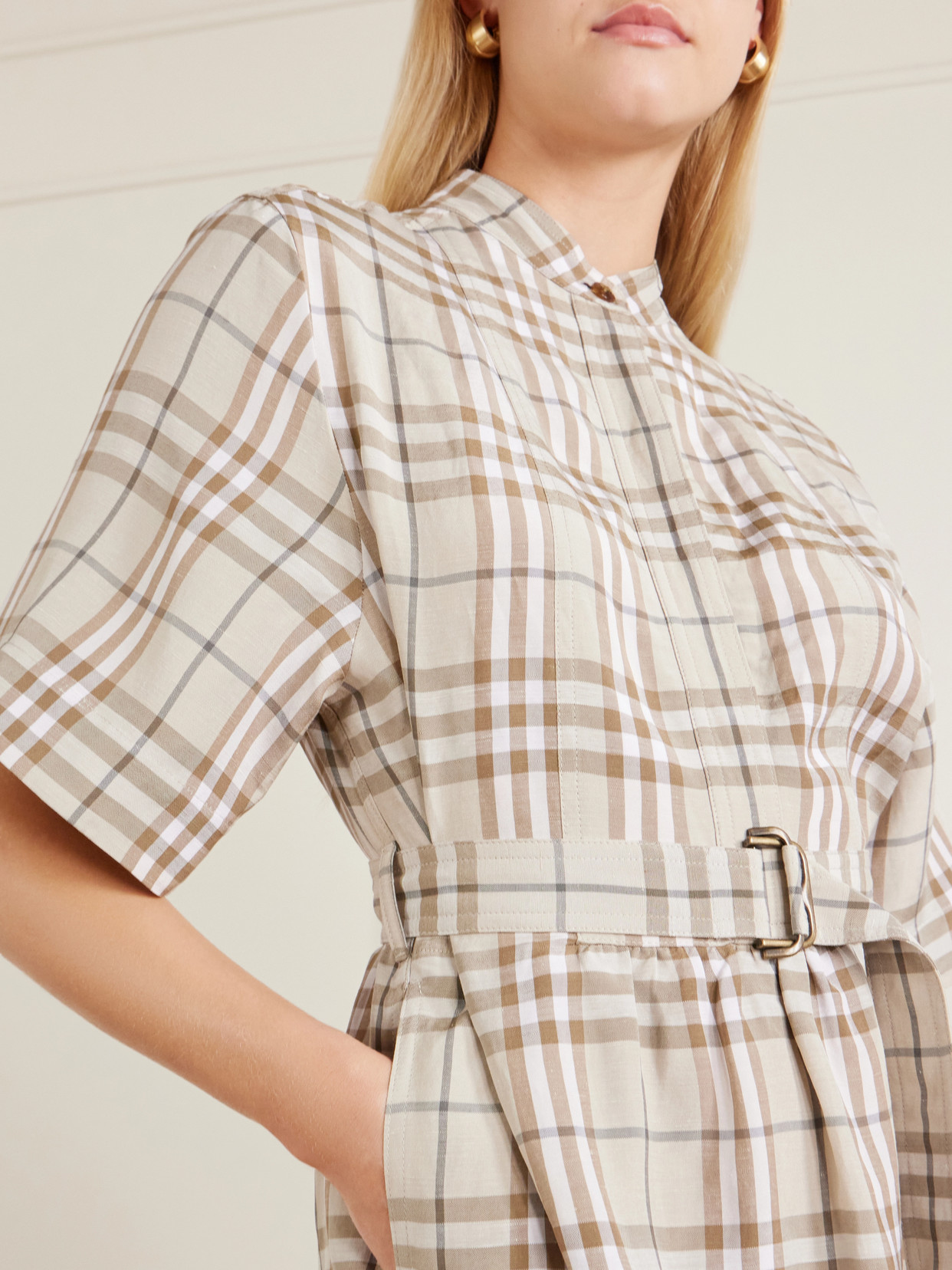 Burberry Short-sleeve Check Linen-blend Belted Mini Shirtdress In Neutrals