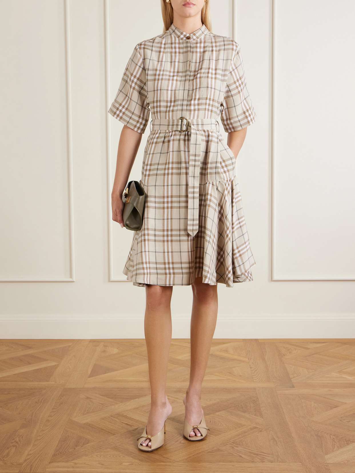 Burberry Short-sleeve Check Linen-blend Belted Mini Shirtdress In Neutrals